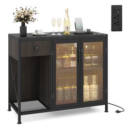 Costway - Buffet Sideboard Cabinet, 34" Kitchen Cabinet with Adjustable RGB LED Lights - Black