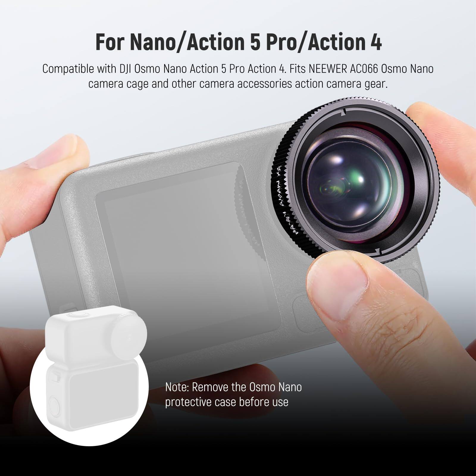 For Nano/Action 5 Pro/Action 4

Compatible with DJI Osmo Nano Action 5 Pro Action 4. Fits NEEWER AC066 Osmo Nano camera cage and other camera accessories action camera gear.

Note: Remove the Osmo Nano protective case before use