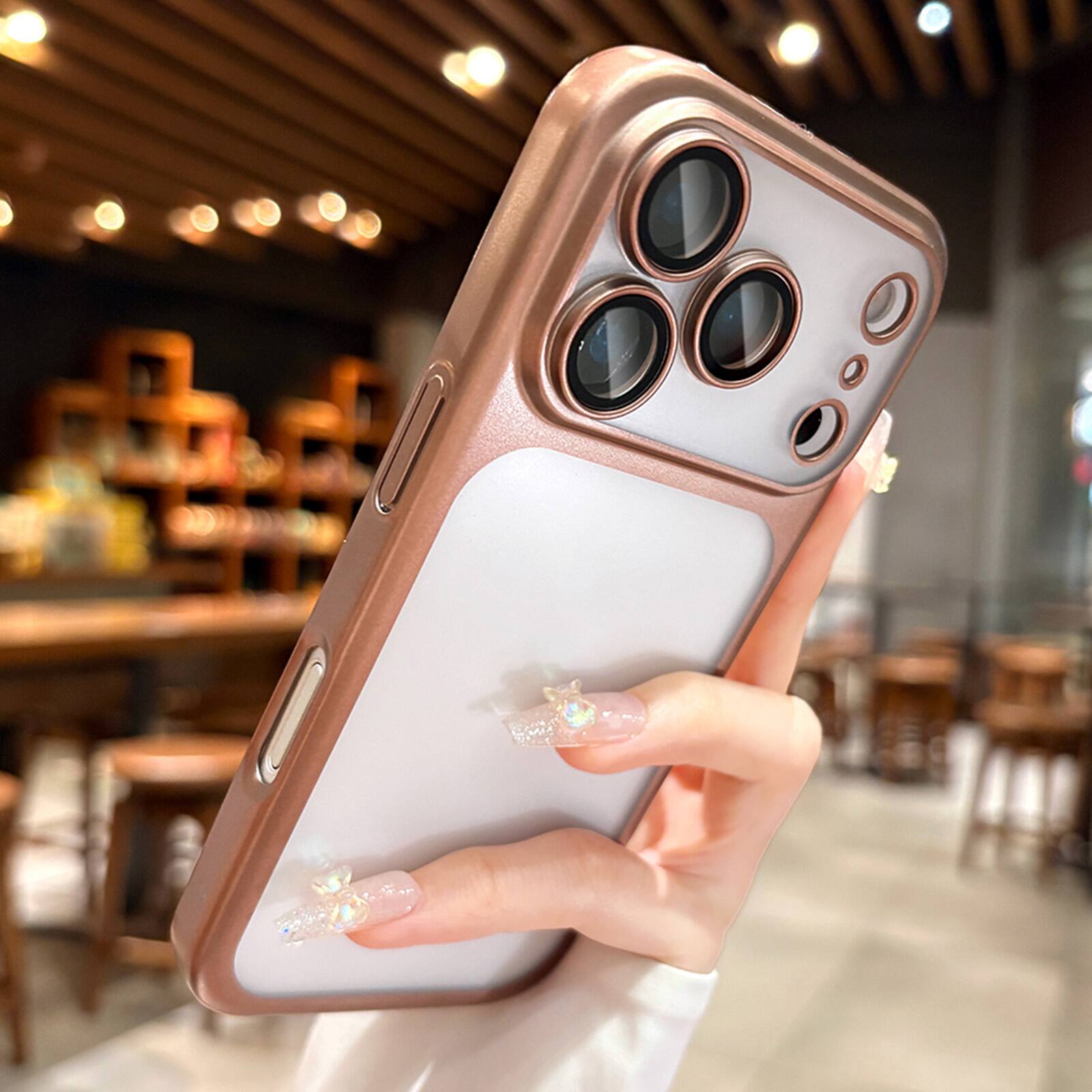 Angle. Dteck - Matte Case For Apple iPhone 17 Pro with Camera Lens Screen Protector, Shockproof Plating Frosted Translucent Cover - Desertgold.