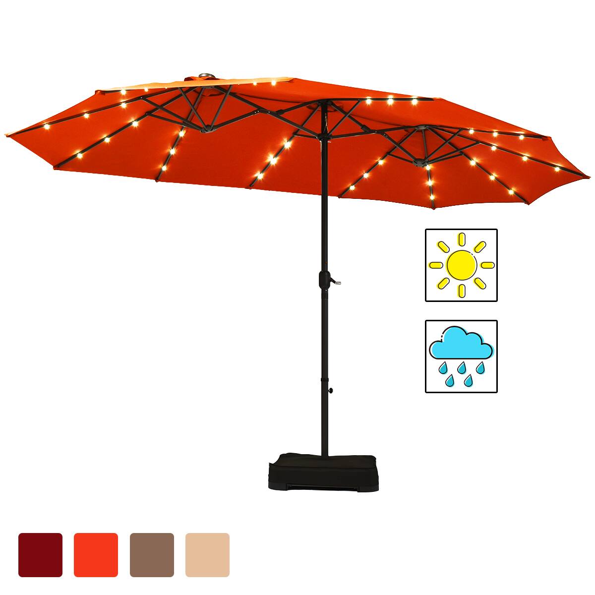 Alt View 9. Costway - Costway 15FT Double-Sided Patio Umbrella with Lights, Weighted Base, Outdoor Market Twin Umbrella for Poolside Garden - Orange.