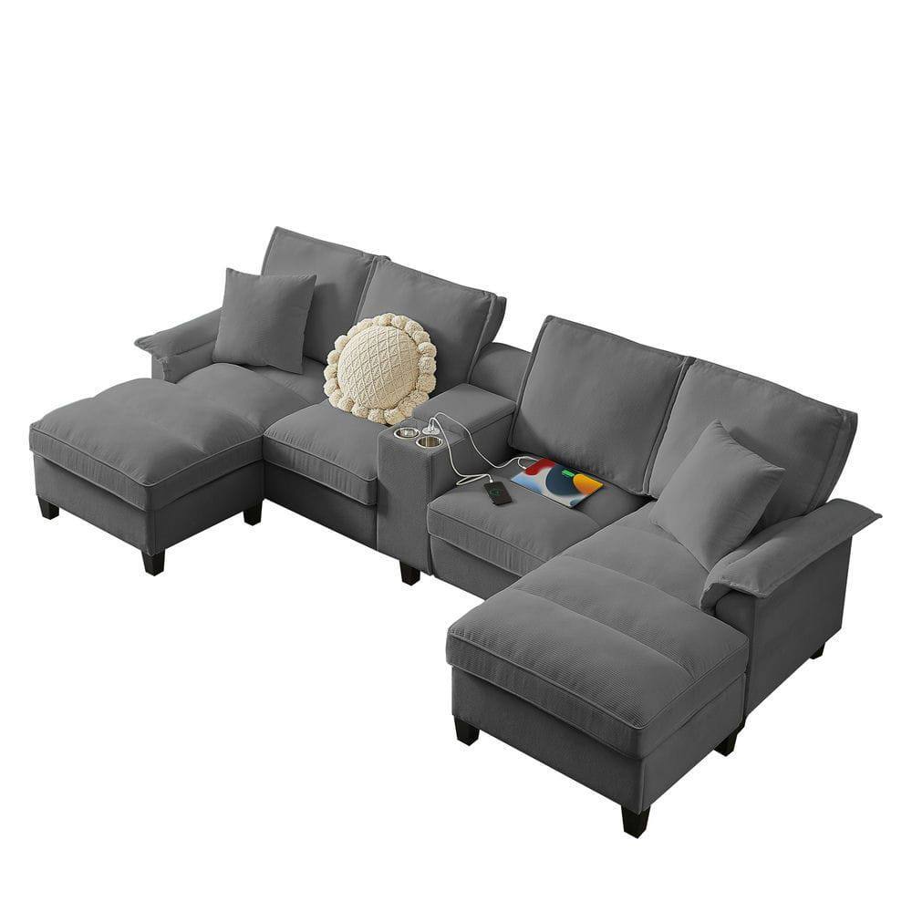 Back. Resenkos - 120" U-Shaped Sectional Sofa Bed, Corduroy 4-Seater with Storage and Cup Holders, Gray - Gray.