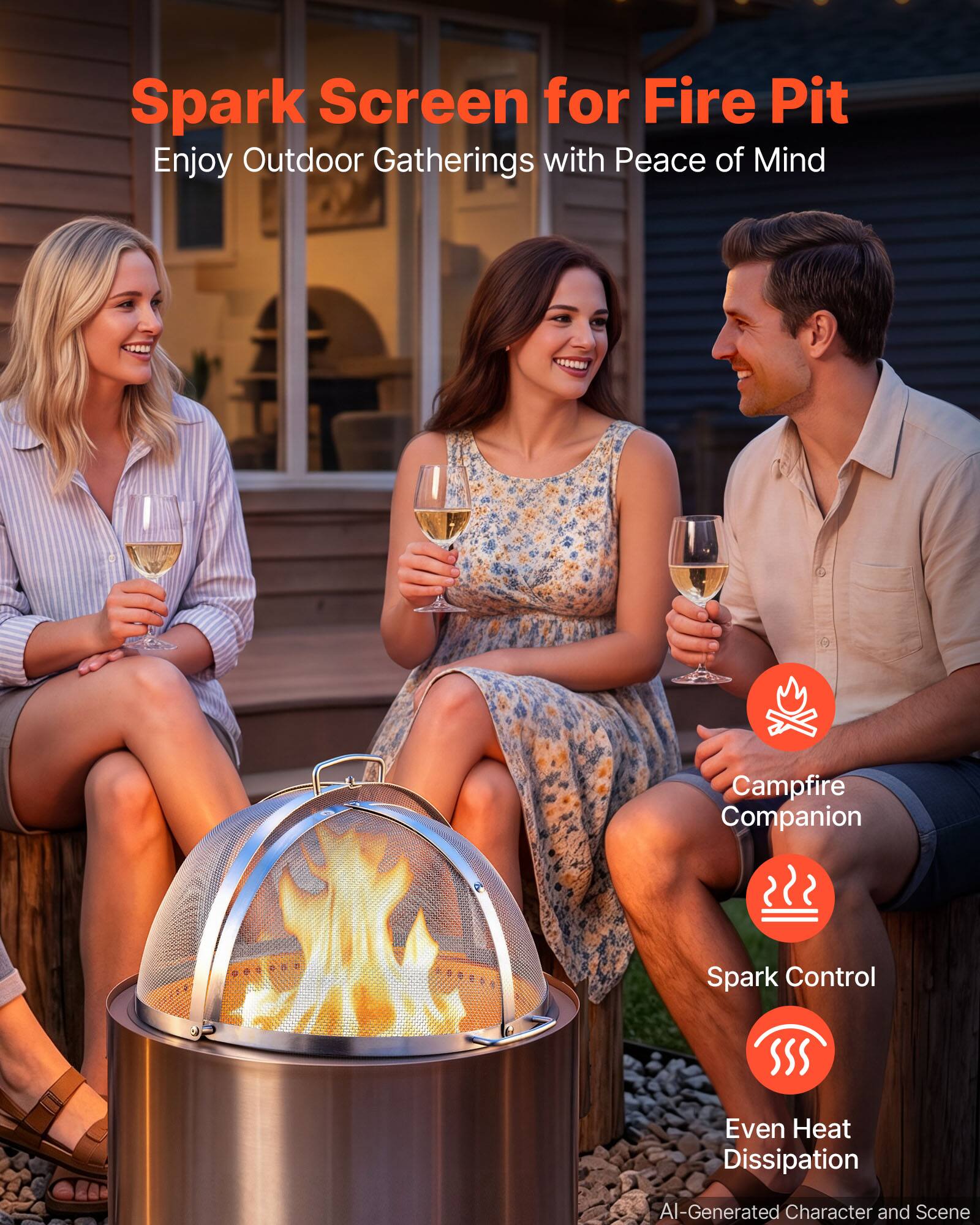 Spark Screen for Fire Pit  
Enjoy Outdoor Gatherings with Peace of Mind  

Campfire Companion  
Spark Control  
Even Heat Dissipation  

AI-Generated Character and Scene