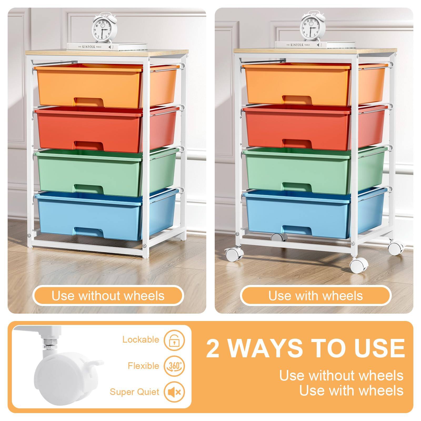 - Use without wheels
- Use with wheels

2 WAYS TO USE
- Use without wheels
- Use with wheels

Lockable
Flexible 360°
Super Quiet