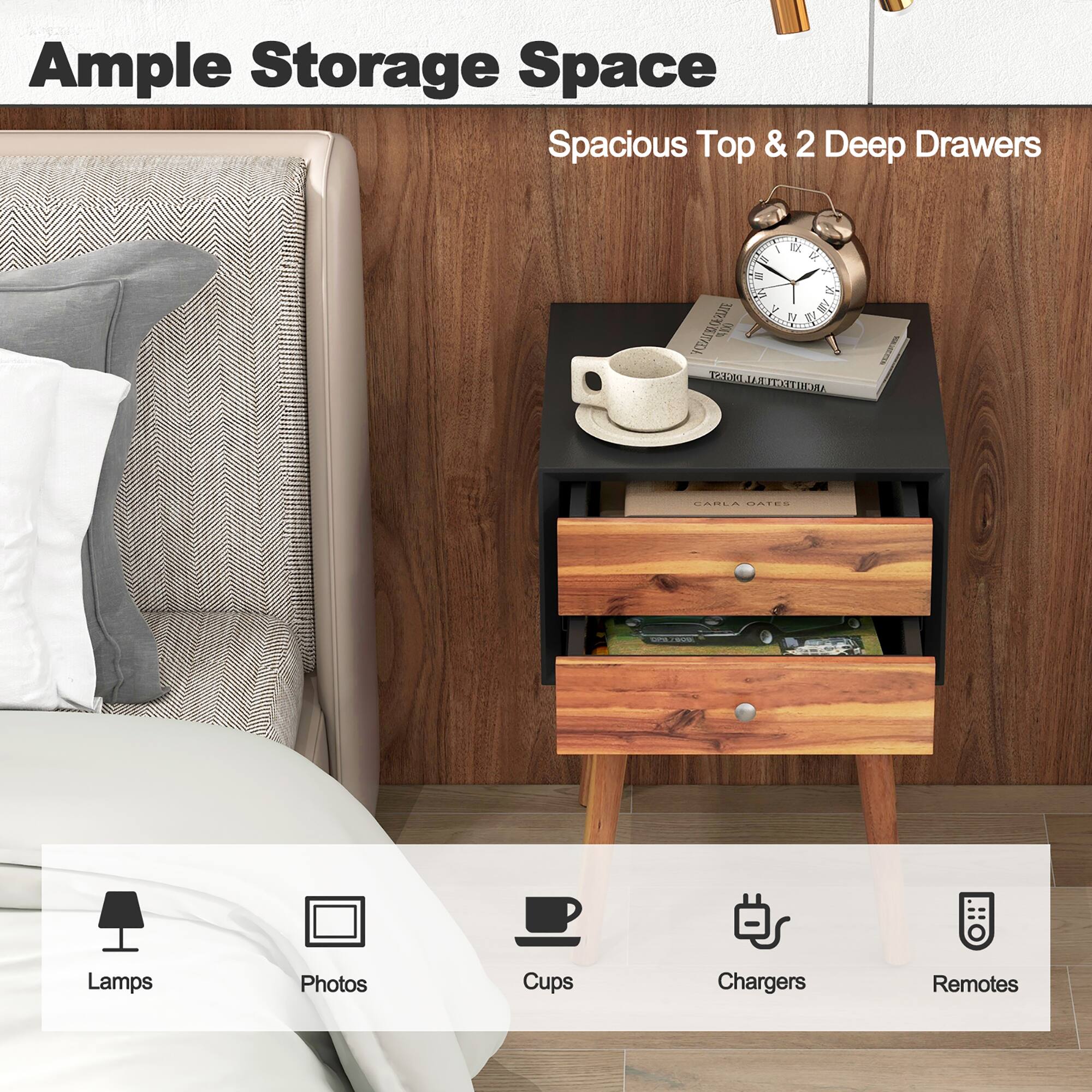 Ample Storage Space: Spacious Top & 2 Deep Drawers

- Lamps
- Photos
- Cups
- Chargers
- Remotes