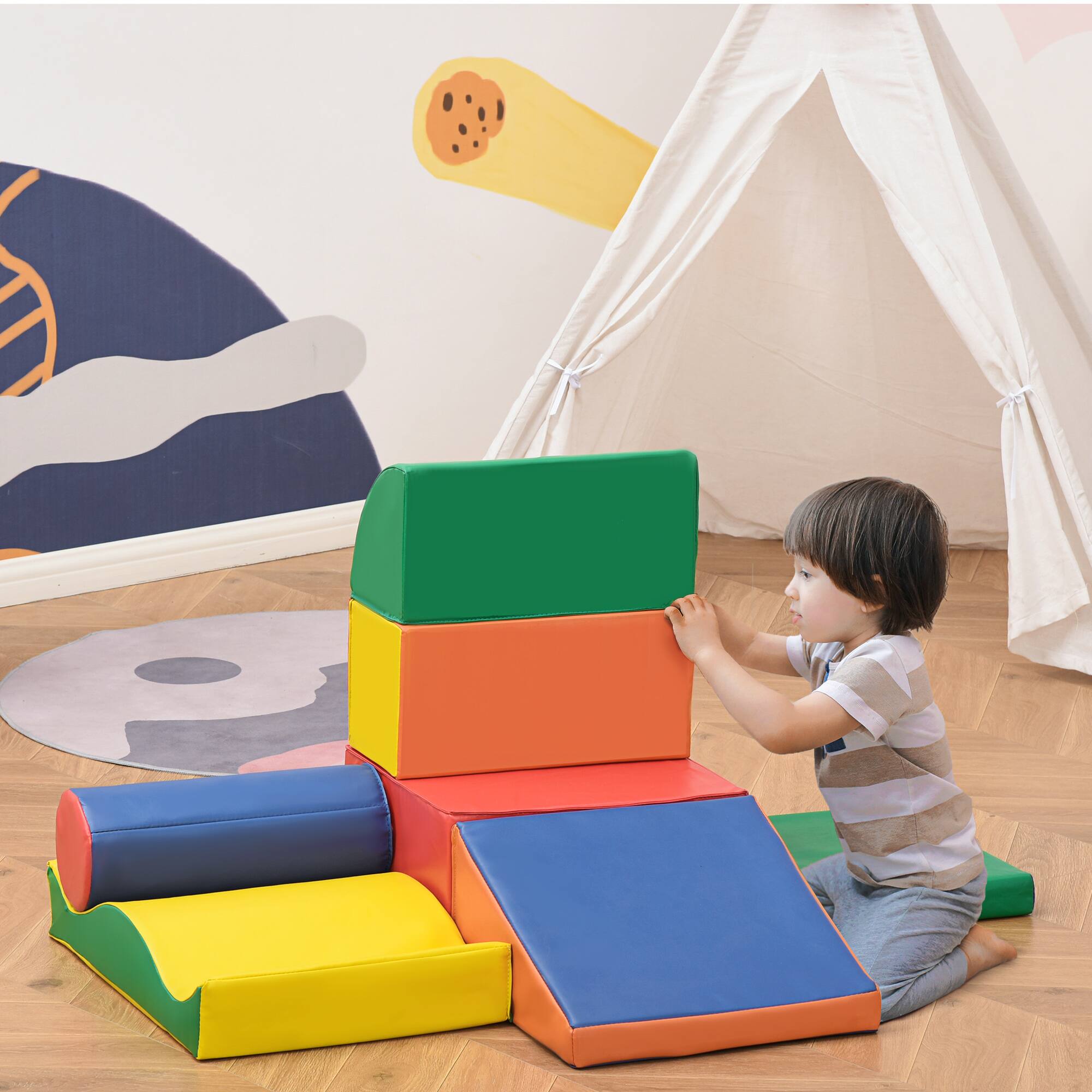 Angle. Soozier - 7 Piece PU Leather Soft Play Climbing, Baby Colorful Soft Play Gym, Indoor, Modular Crawling & Climbing Set, 1-3 Years.