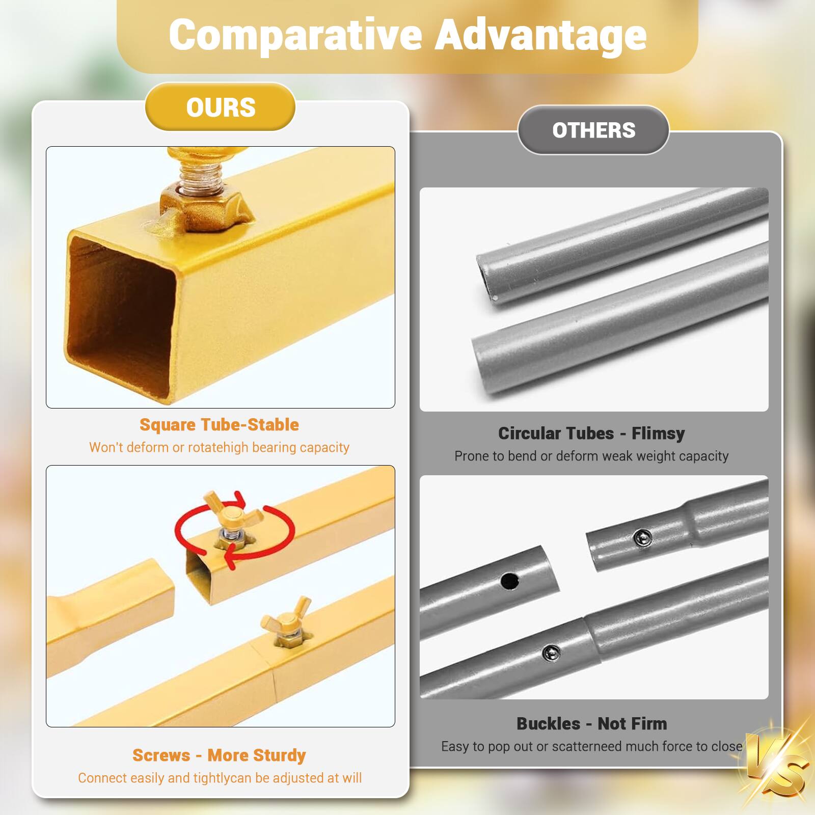 Comparative Advantage

**OURS**

- Square Tube - Stable
  - Won't deform or rotate
  - High bearing capacity

- Screws - More Sturdy
  - Connect easily and tightly
  - Can be adjusted at will

**OTHERS**

- Circular Tubes - Flimsy
  - Prone to bend or deform
  - Weak weight capacity

- Buckles - Not Firm
  - Easy to pop out or scatter
  - Need much force to close