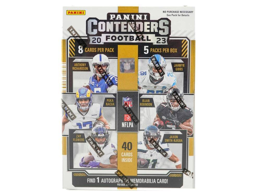 PANINI NO PURCHASE NECESSARY See Pack for Details PANINI CONTENDERS 20 FOOTBALL 23 8 CARDS PER PACK 5 PACKS PER BOX ANTHONY RICHARDSON A - ANINI 26 5 PUKA BIJAN NACUA NFL ROBINSON PAN NFLPA JAHMYR GIBBS S PARINI ZAY FLOWERS PAR IN 40 CARDS INSIDE JAXON SMITH-NJIGBA 1 FIND 1 AUTOGRAPH 08 MEMORABILIA CARD! PER BOX, Q AVERAGE