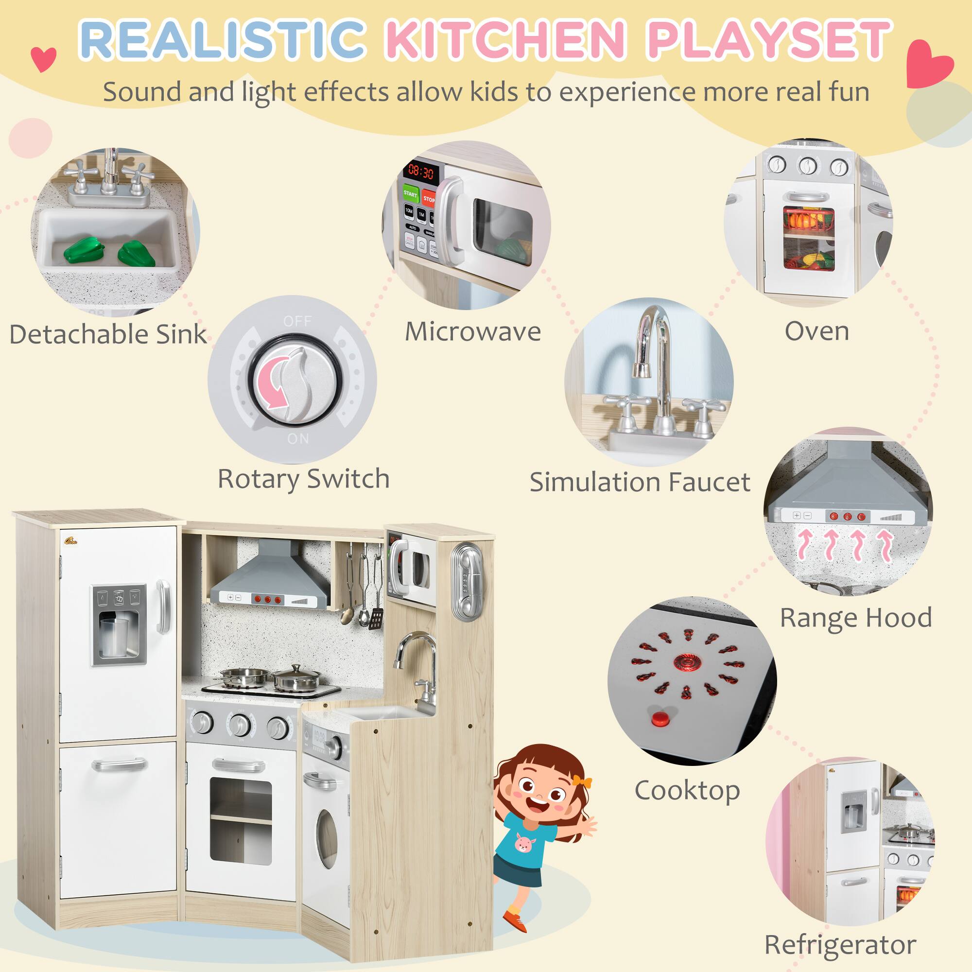REALISTIC KITCHEN PLAYSET  
Sound and light effects allow kids to experience more real fun

- Detachable Sink
- Microwave
- Oven
- Rotary Switch
- Simulation Faucet
- Range Hood
- Cooktop
- Refrigerator