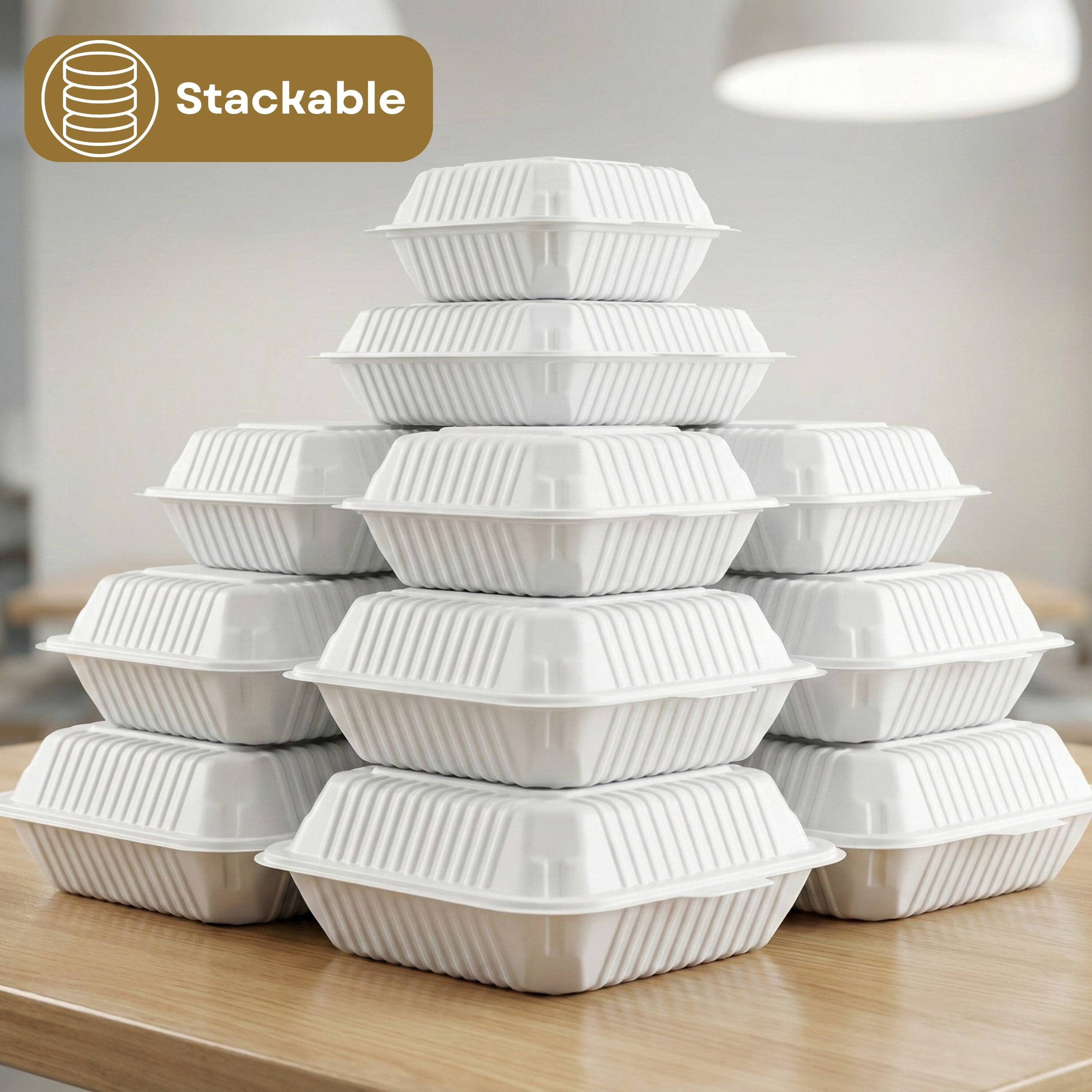 Alt View 4. Eco Harmony Products - Clamshell (MFPP) Hinged Container (Center Slide), 3-compartment, 9" x 8.2", 150-Pack - White.