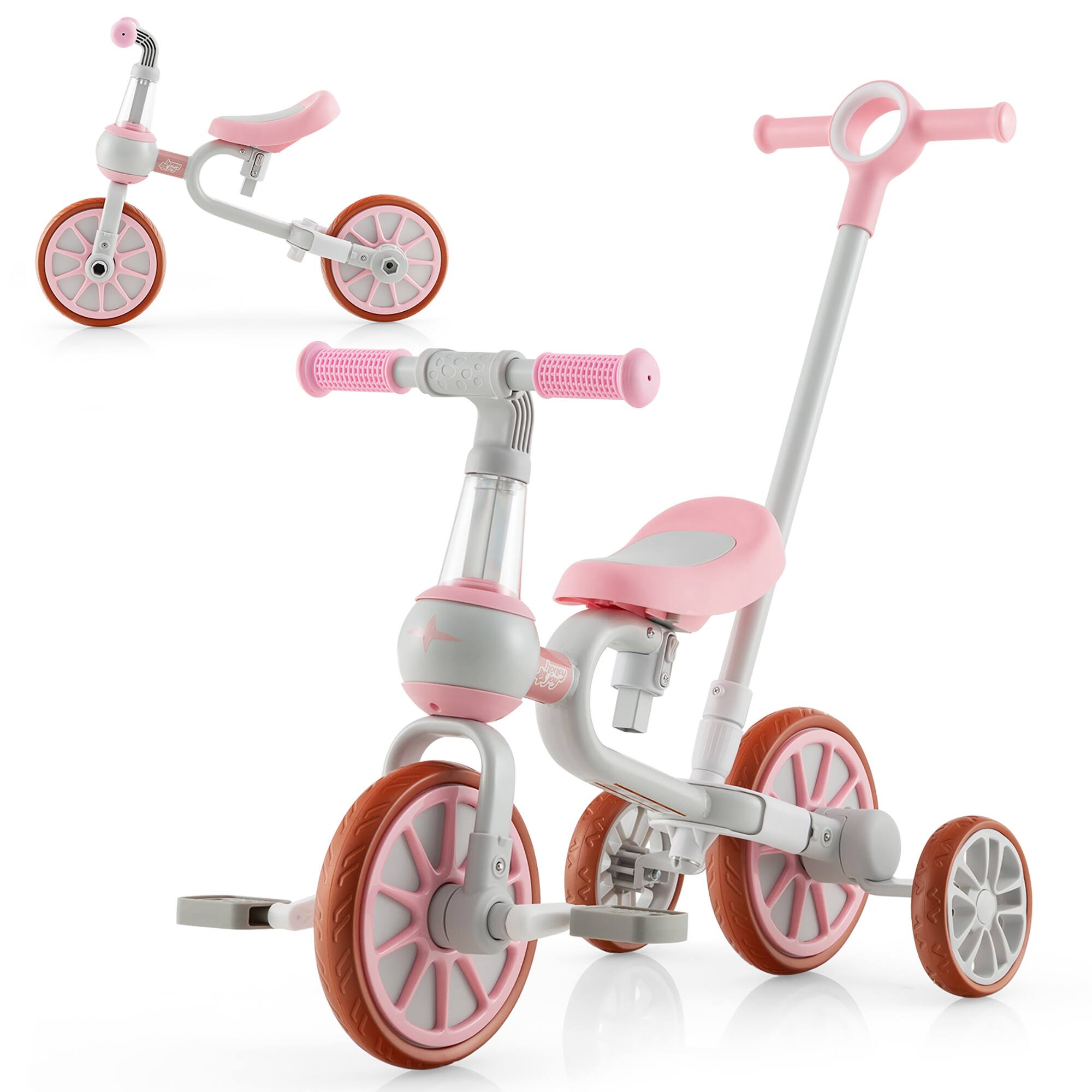 Front. Costway - Costway 4 in 1 Kids Tricycles with  Push Handle & Training Wheels Baby Balance Bike - Pink.