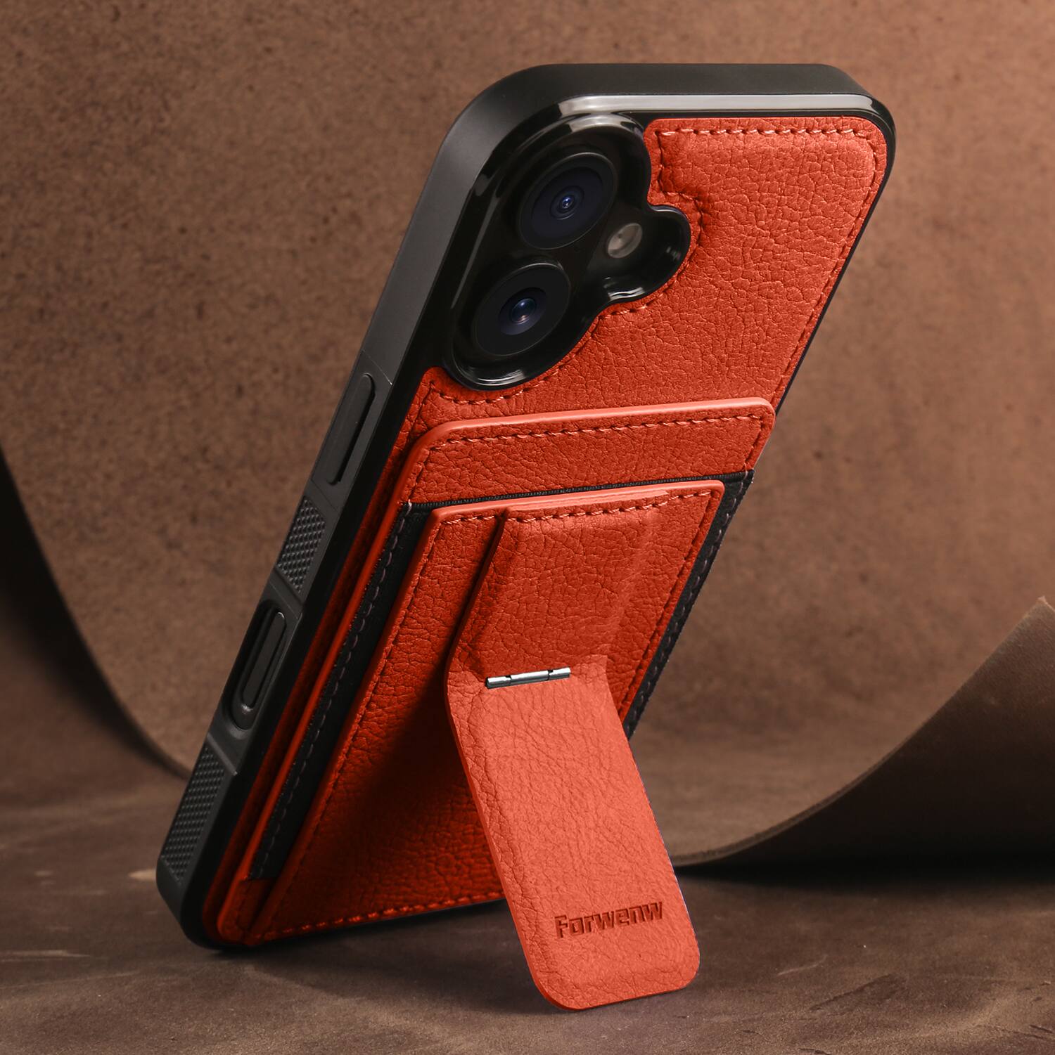 Alt View 3. Dteck - Slim Card Holder Case for Apple Apple iPhone 16, Shockproof Wallet Protective Cover with Kickstand - Orange.