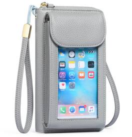 Wikistore - Small Cell Phone Crossbody Bag Purse for Women PU Leather Wallet Purse with RFID Grey - Gray