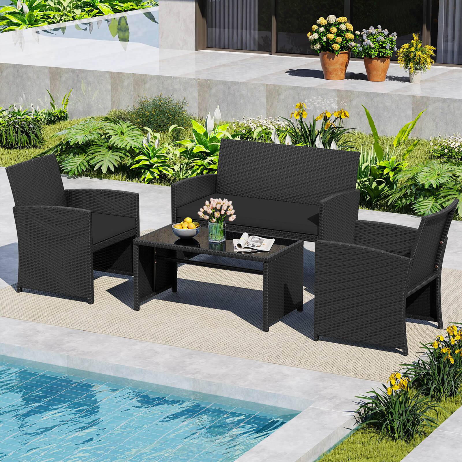 Alt View 1. Costway - Costway 4 PCS Patio Conversation Set with Seat Cushions & Tempered Glass Tabletop, Porch - Black+Black.