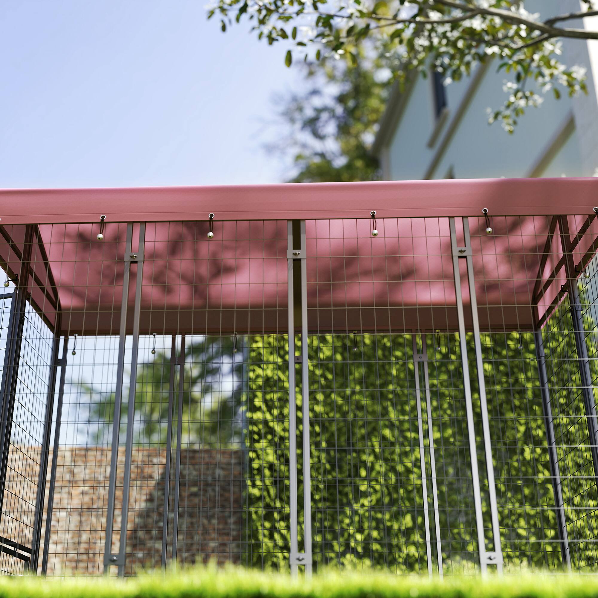 Alt View 4. Pawhut - 8'x4'x6' Outdoor Dog Kennel, Welded Wire Heavy Duty Run, 360° Rotating Bowls, Waterproof Cover, for S&M&L Dogs.