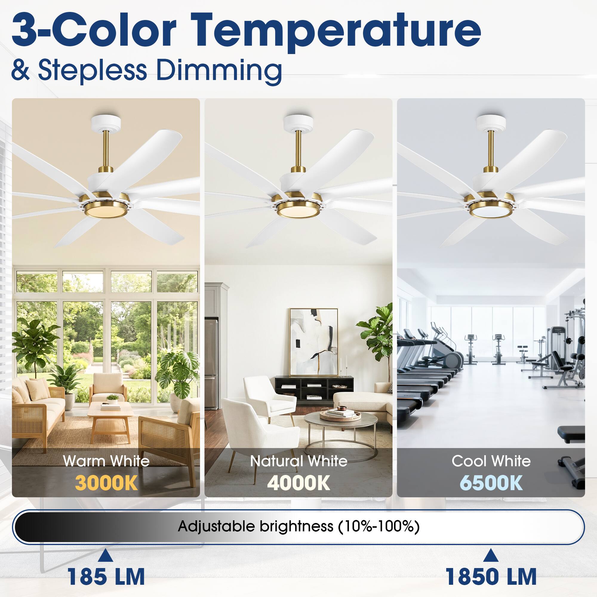 3-Color Temperature & Stepless Dimming  
Warm White 3000K  
Natural White 4000K  
Cool White 6500K  
Adjustable brightness (10%-100%)  
185 LM  
1850 LM