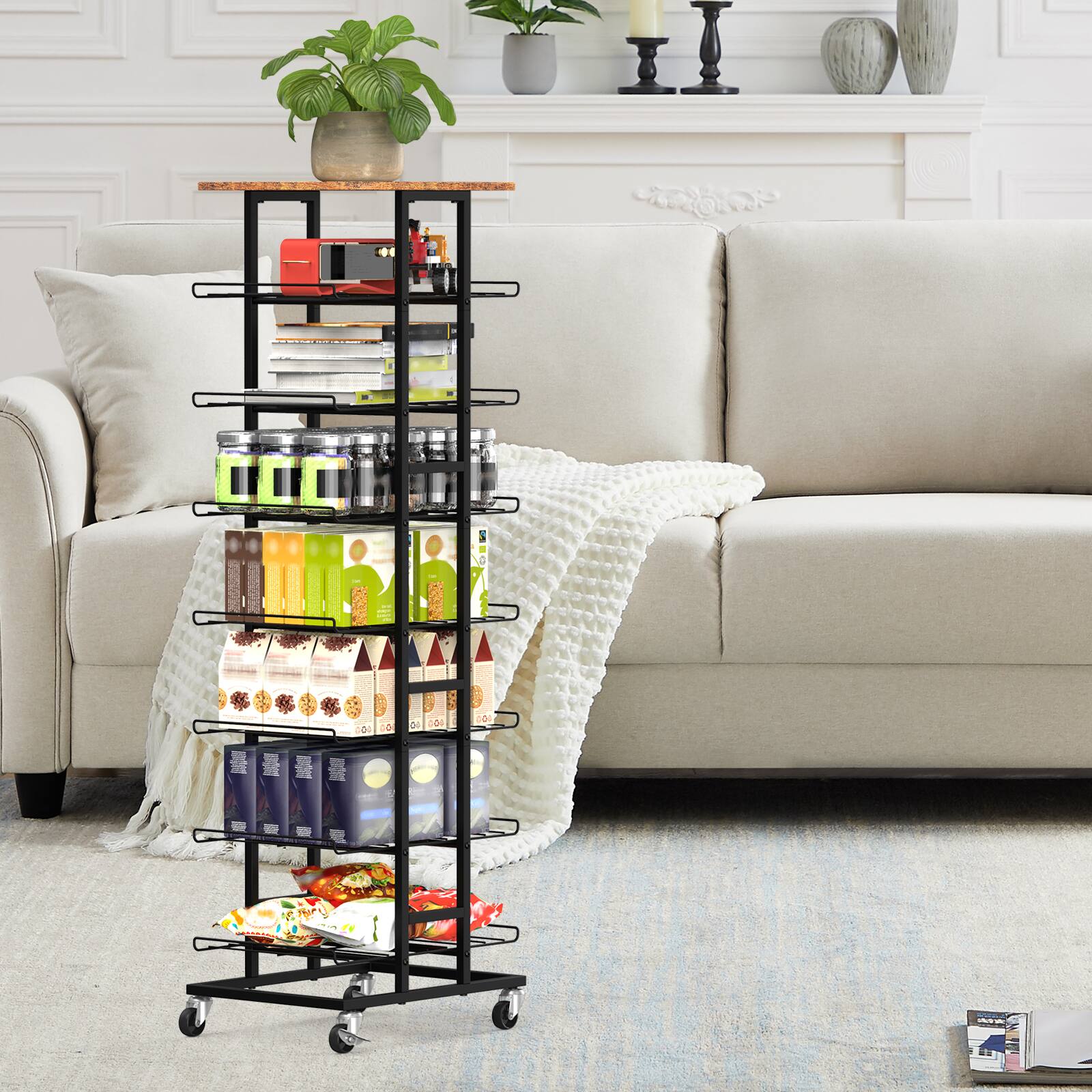 Angle. Oumilen - 7-Tier Rolling Water Bottle Rack with Rustic Wood Top - Brown.
