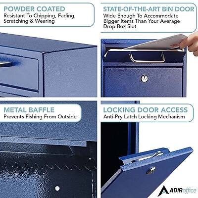 POWDER COATED  
Resistant To Chipping, Fading, Scratching & Wearing

STATE-OF-THE-ART BIN DOOR  
Wide Enough To Accommodate Bigger Items Than Your Average Drop Box Slot

METAL BAFFLE  
Prevents Fishing From Outside

LOCKING DOOR ACCESS  
Anti-Pry Latch Locking Mechanism

ADIRoffice