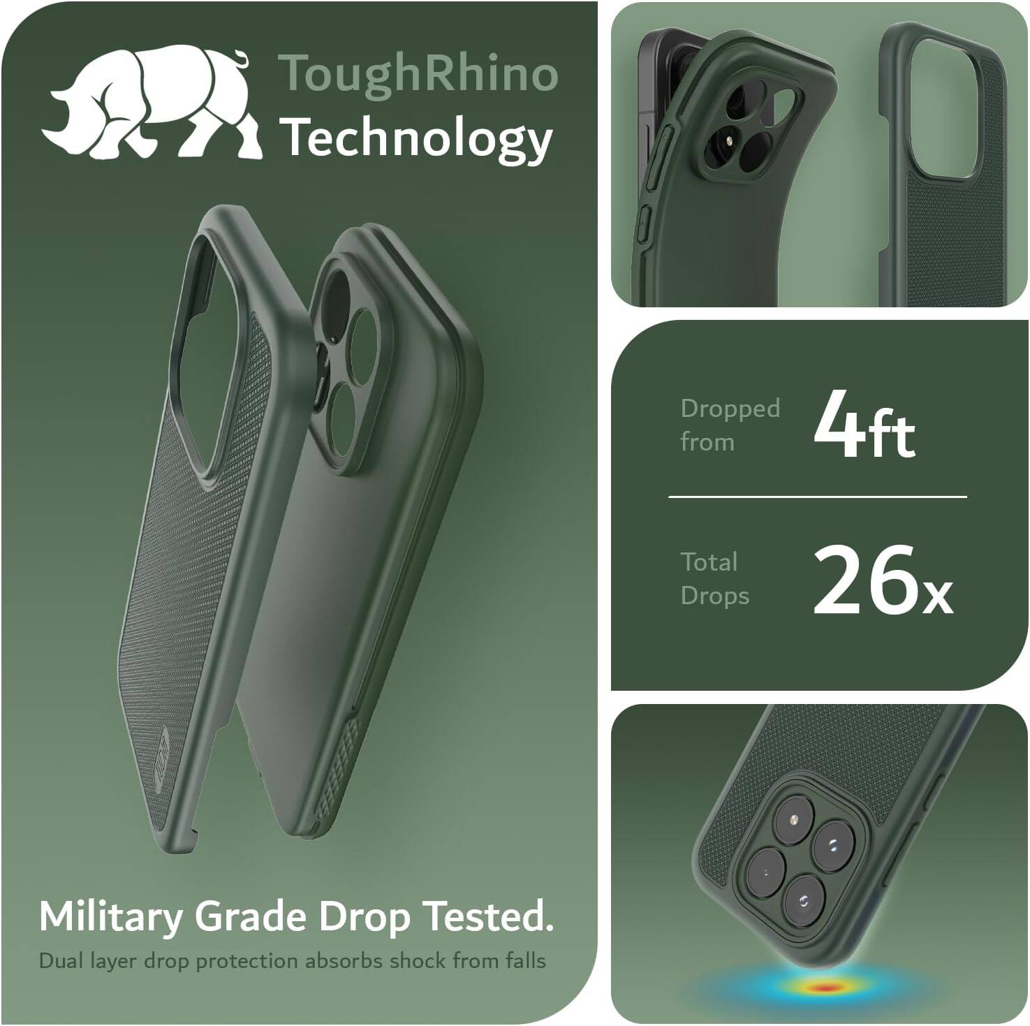ToughRhino Technology

Dropped from 4ft

Total Drops 26x

Military Grade Drop Tested.

Dual layer drop protection absorbs shock from falls