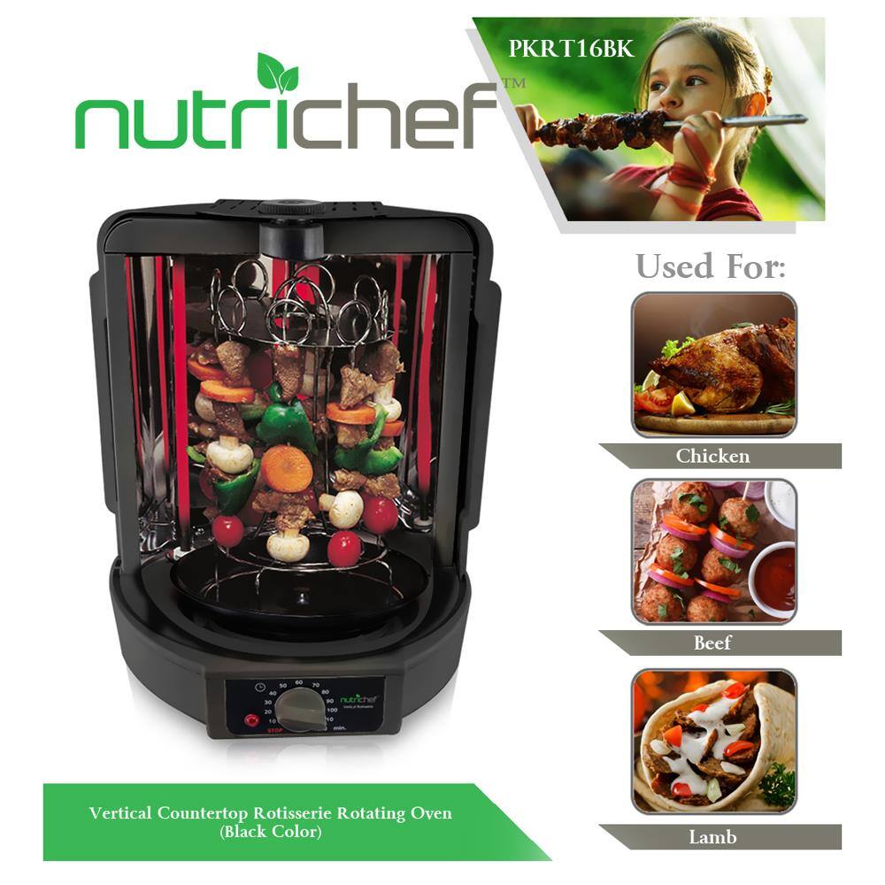PKRT16BK  
nutrichef™  
Vertical Countertop Rotisserie Rotating Oven (Black Color)  

Used For:  
- Chicken  
- Beef  
- Lamb
