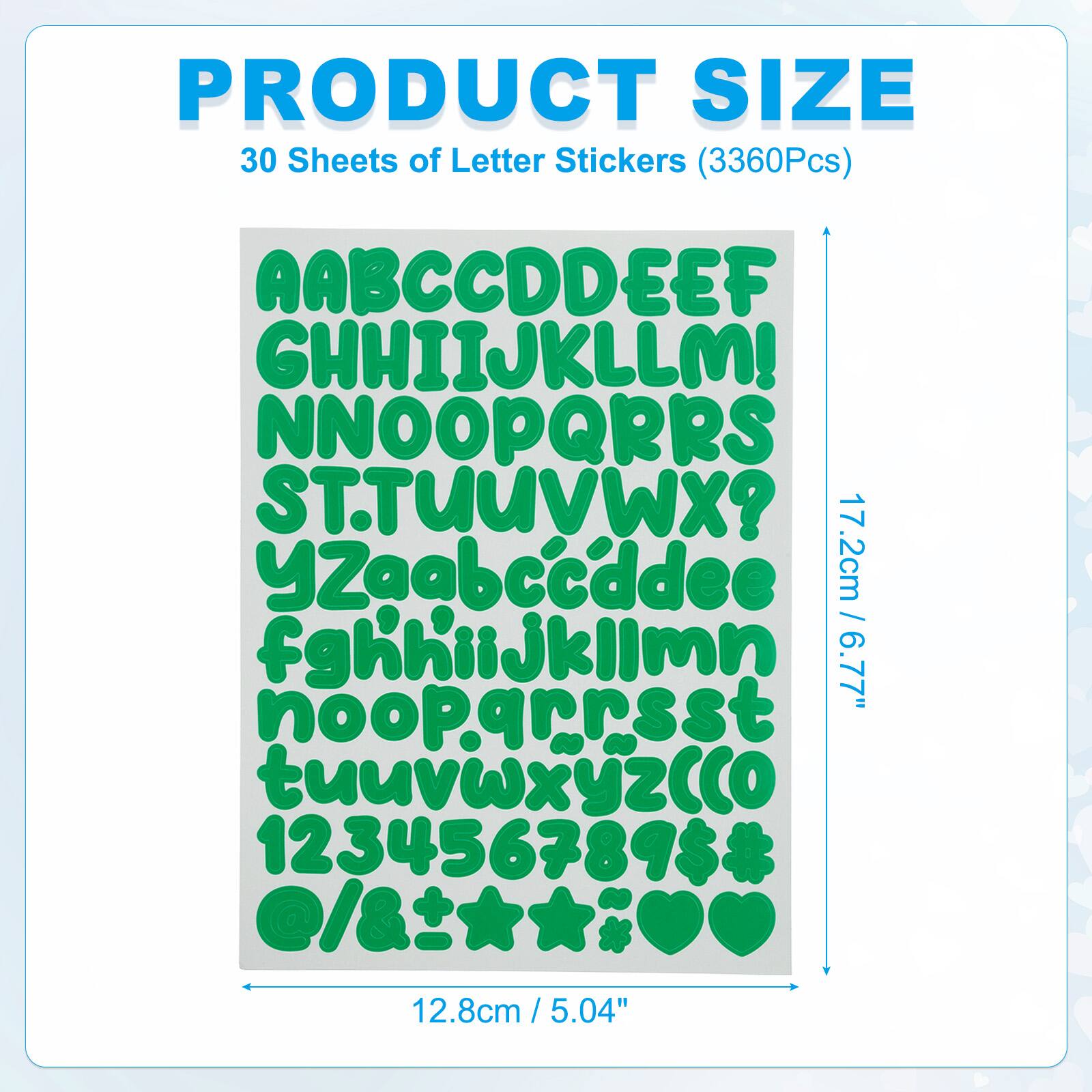 PRODUCT SIZE  
30 Sheets of Letter Stickers (3360Pcs)  

AABCCDDEEF  
GHHIIJKLLM!  
NNOOPQRRS  
ST.TUUVWX?  
YZaabccddee  
fghhiijklimn  
noopqrrsst  
tuuvwxyzcco  
123456789$  
@/&*  
12.8cm / 5.04"  
17.2cm / 6.77"