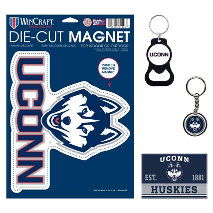 1 WINCRAFT. - I AU | | Established 1961 L 72005 11 3 DIE-CUT MAGNET AIMANT DCOUP MAN DEL CORTE DEL DADO FOR INDOOR OR OUTDOOR CLABUN A WEMEU COMME A EXEMBUR AEBLA PIA ALUAES . OELOCIAL UCONN PUSH TO REMOVE MAGNET UCONN EST. UCONN. 1881 wint.ran Mane - te USA Winona - HUSKIES