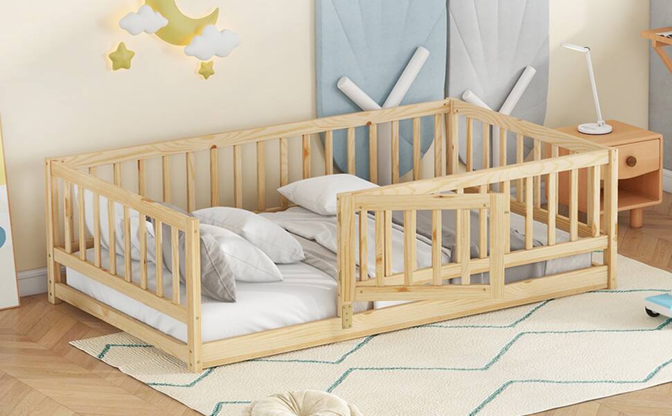 Alt View 1. GOODSILO - Twin Size Montessori Floor Bed with Fence and Door, Wood Bed Frame for Kids, Boys & Girls - Oak.