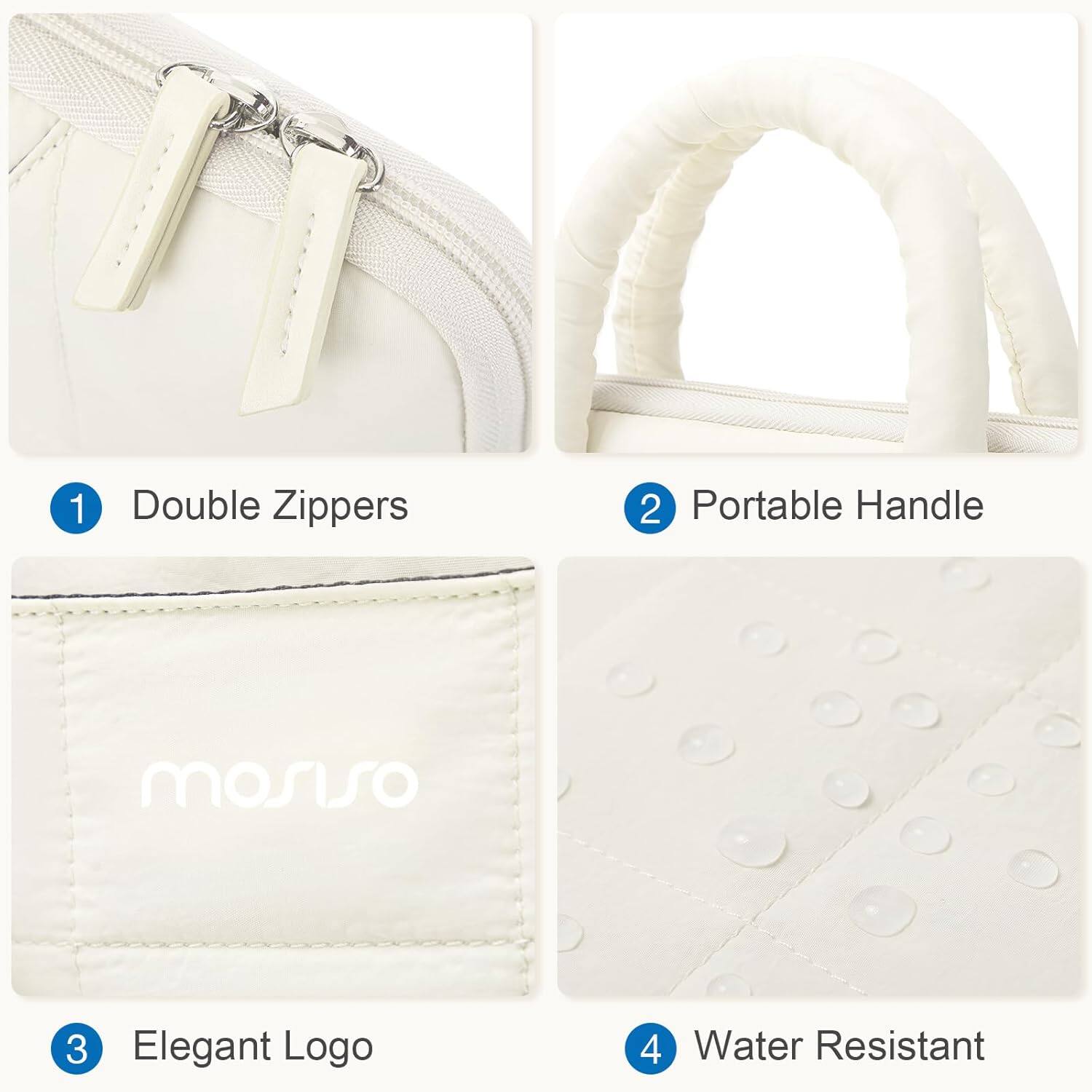 1. Double Zippers
2. Portable Handle
3. Elegant Logo
4. Water Resistant