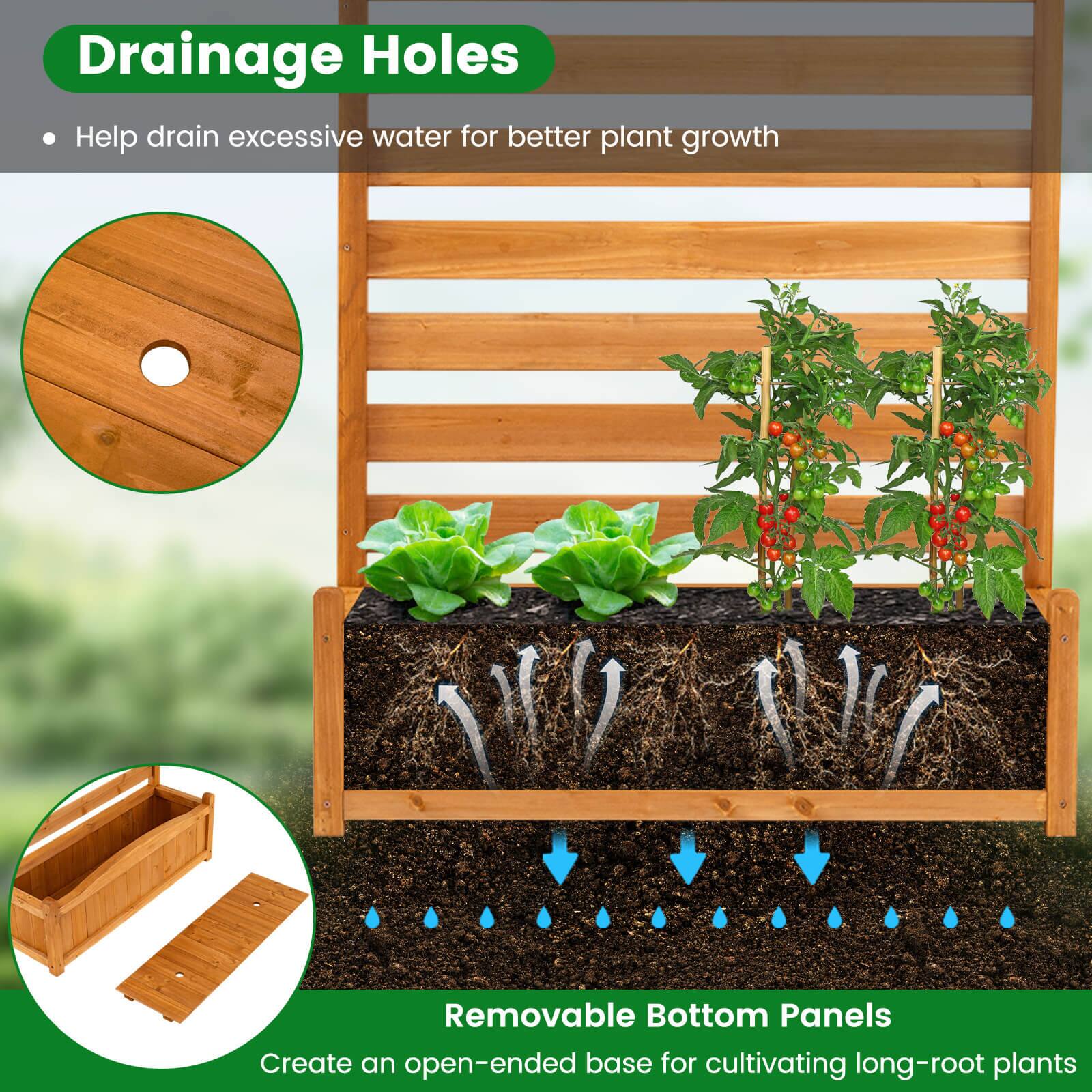 Drainage Holes  
- Help drain excessive water for better plant growth  

Removable Bottom Panels  
- Create an open-ended base for cultivating long-root plants