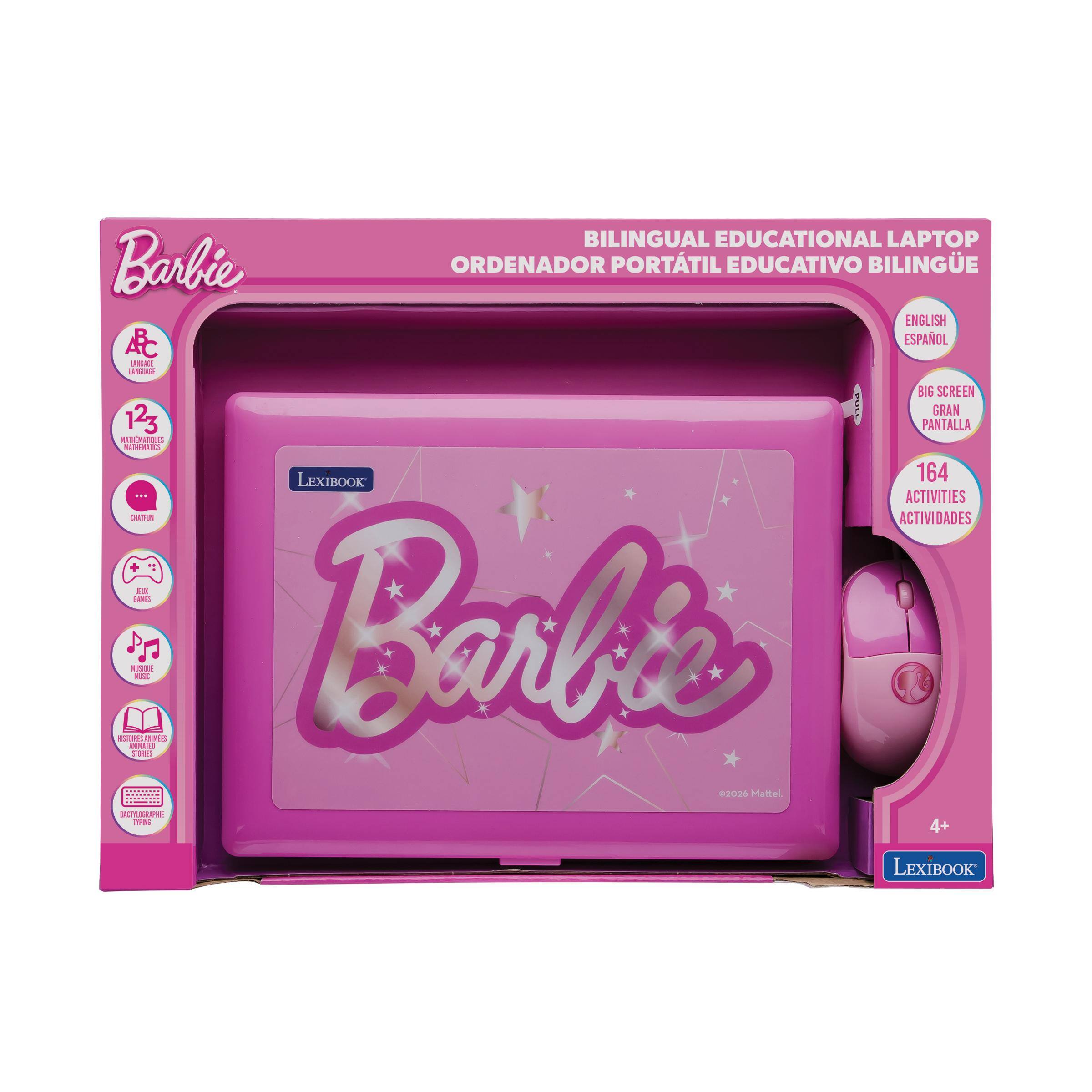 Babibie ACC LANGADE LANGUAGE  
BILINGUAL EDUCATIONAL LAPTOP ORDENADOR PORTATIL EDUCATIVO BILINGUE ENGLISH ESPAÑOL  
BIG SCREEN GRAN PANTALLA MATHEMATIQUES MATHS LEXIBOOK 164 ACTIVITIES ACTIVIDADES + ED GAMES INSTORES ANIMATED MUSIQUE MUSICA Banda STORIES 2026 Mattel. DACTYLOGRAPHE TYPING 4+ LEXIBOOK