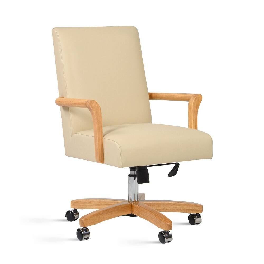 Angle. Loheer - Loheer Farmhouse Office Chair, Cream Beige Leather High Back Executive Desk Chair with Wood Swivel Base - Cream Beige.