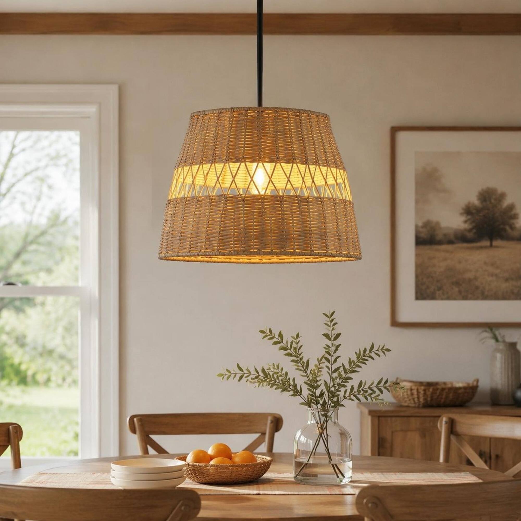 Angle. RYHNUYNE - Boho Pendant Light,Drum Hanging Light,Farmhouse Ceiling Light for Dining Room Kitchen Island - Black.