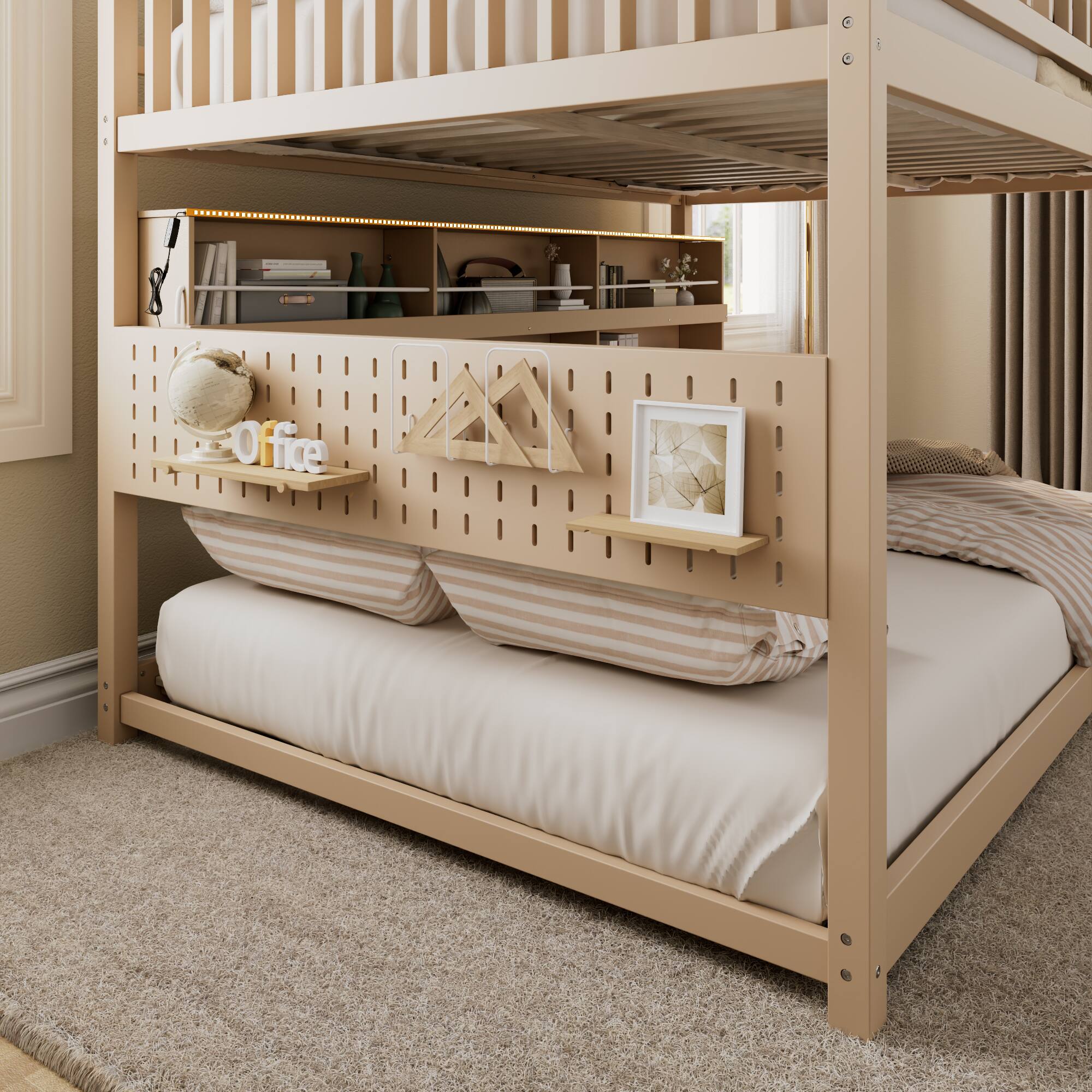 Alt View 1. Anysun - Full over Full Bunk Bed with Integrated Shelving, Color-Changing Lights and Pegboard - Beige.