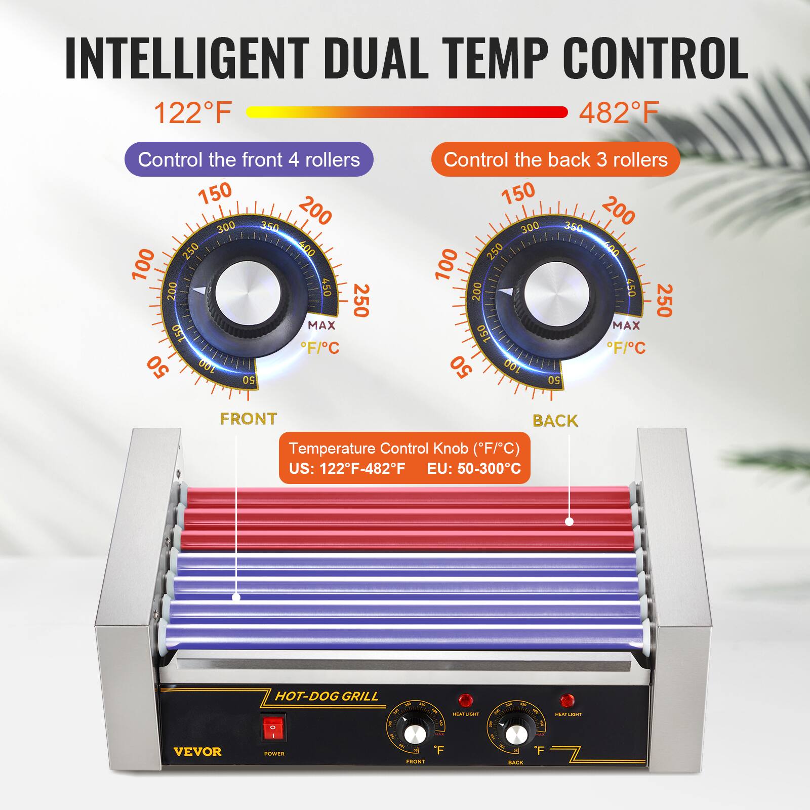 INTELLIGENT DUAL TEMP CONTROL 122F 482F

Control the front 4 rollers 150 300 350 200 250 400 100 200 450 MAX 250 150 F/C 50 100 50

Control the back 3 rollers 150 300 350 200 250 007 100 200 MAX 250 50 F/C 50 100 50

FRONT
BACK

Temperature Control Knob (F/C) US: 122F-482F EU: 50-300C

VEVOR
HOT-DOG GRILL ~ 1 O I a POWER FRONT
HEAT LIGHT Will COM F
AND - 1
PM BACK
HEAT LIGHT PAR 'F