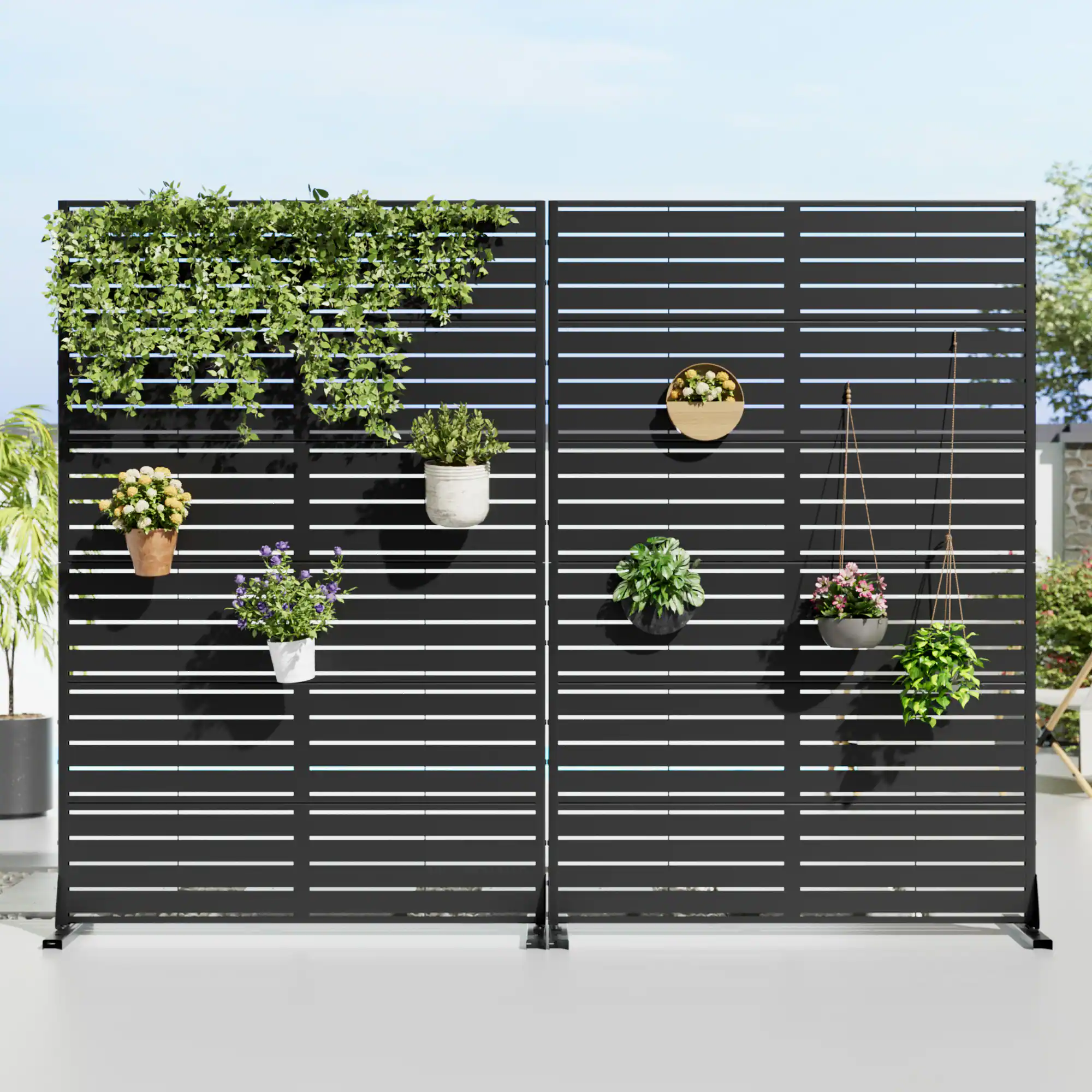 Alt View 1. PexFix - 72 in. x 47 in. Louvered Pattern Metal Outdoor Privacy Screen & Panels, Freestanding Garden Divider Fence, Set of 2 - Black.