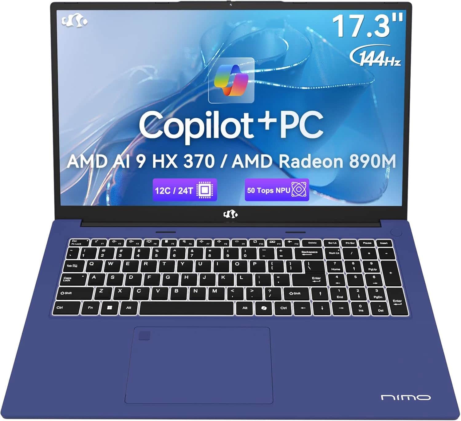 NIMO - 17.3" AI Laptop, AMD Ryzen AI 9 HX 370(50 TOPS NPU), Radeon 890M, 32GB RAM 2TB SSD, DDR5, 144Hz, PD 100W USB-C 4.0 - Celestial Blue