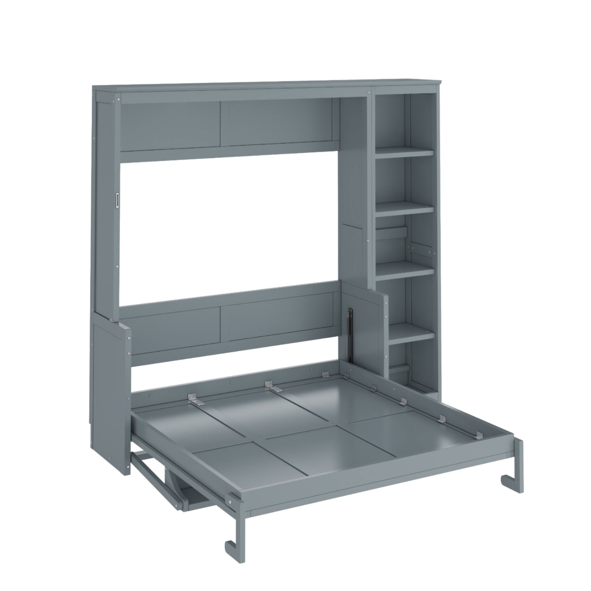 Back. Whisen - Full Size Murphy Bed with Desk and Bookshelf, Space Saving Foldable Bed for Home Office & Guest Room - Gray.