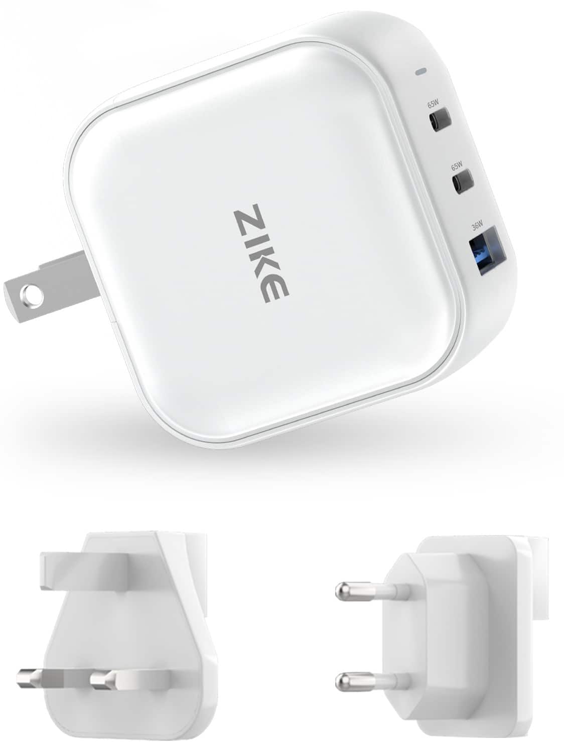 Zike - Z265B 65W GaN USB-C 3-Port Wall Charger, GaN Technology, UK/EU Pin Converters, Designed for Travel - White