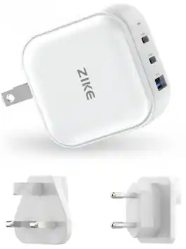 Zike - Z265B 65W GaN USB-C 3-Port Wall Charger, GaN Technology, UK/EU Pin Converters, Designed for Travel - White