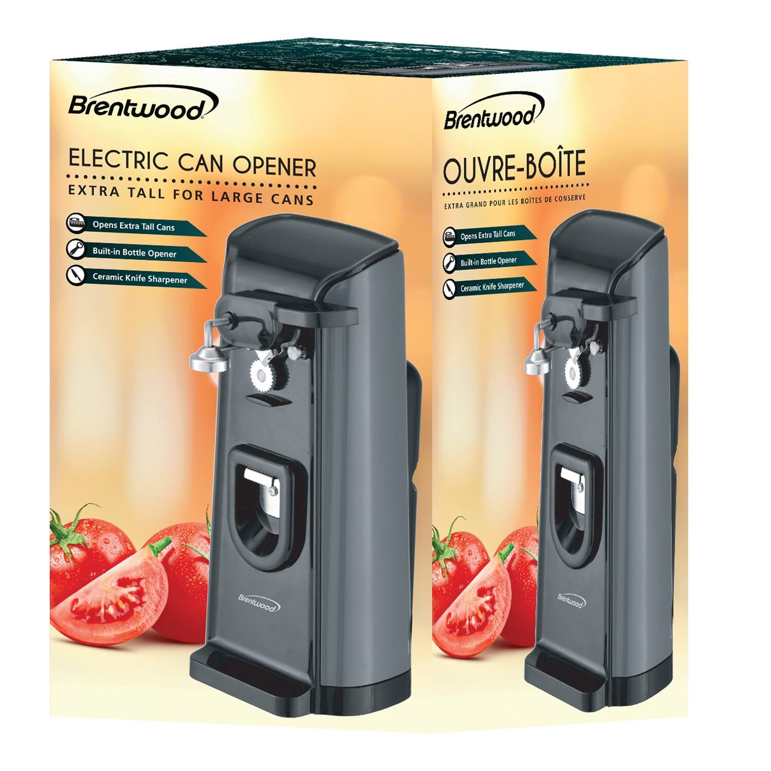 Brentwood. ELECTRIC CAN OPENER EXTRA TALL FOR LARGE CANS  
Brentwood OUVRE-BOÎTE LES BOITES DE CONSERVE LETRA GRAND POUR OU  
Opens Extra Tall Cans  
Built-in Bottle Opener  
Ceramic Knife Sharpener  
Brentwood
