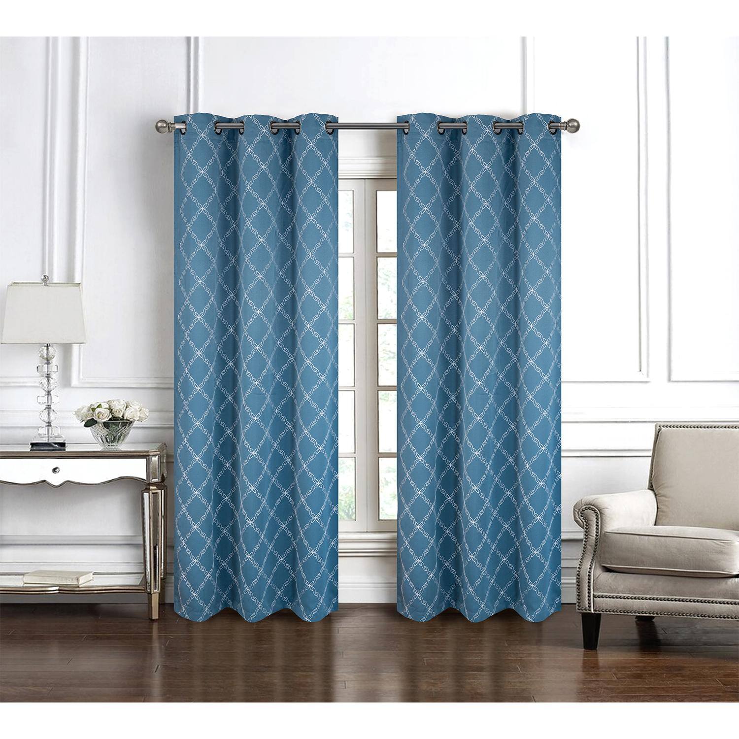Angle. RT Designers Collection - RT Designer Collection Gable Embroidered Blackout Luxurious Decorative Grommet Curtain Panel 54" x 84" Slate Blue - Slate Blue.