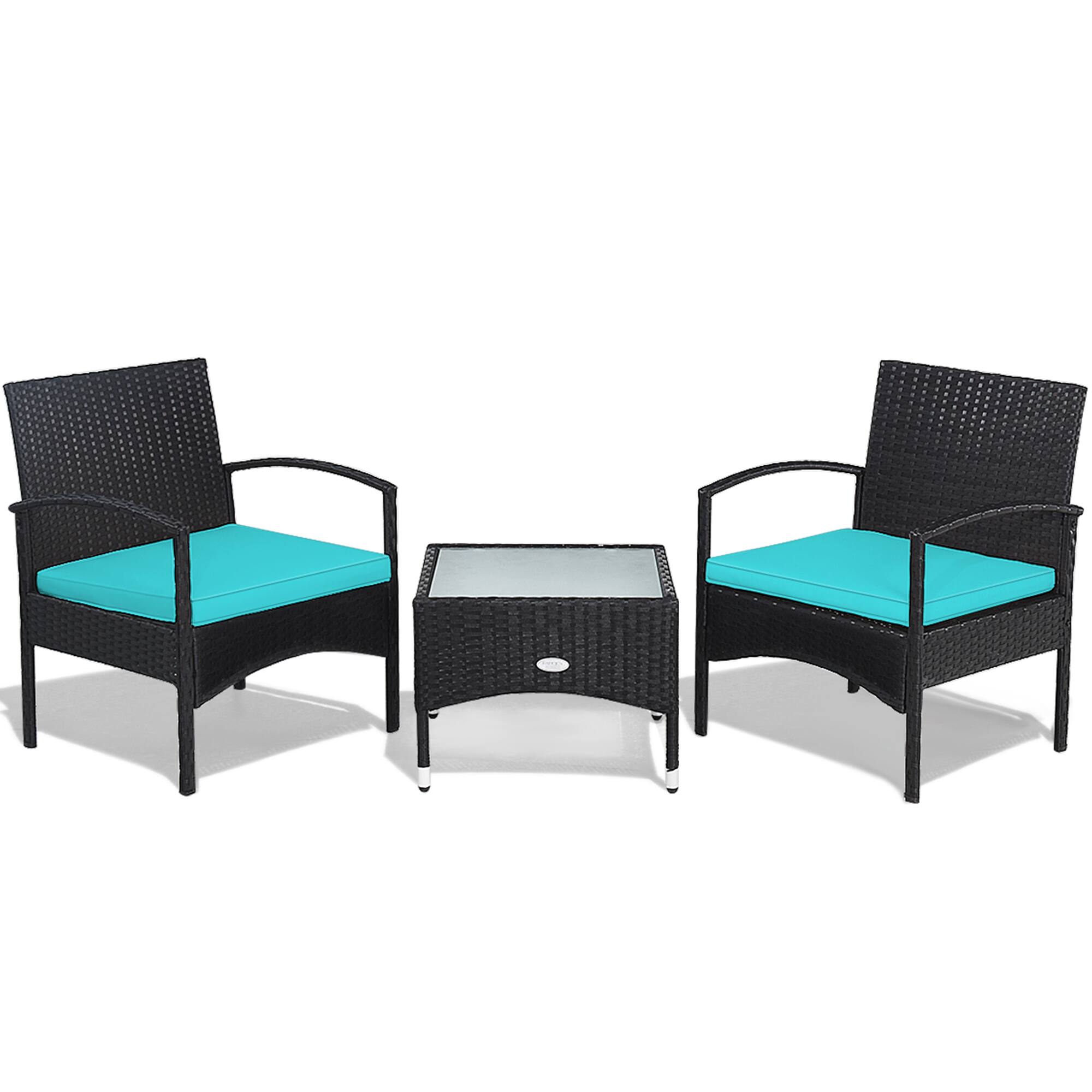 Alt View 1. Gymax - Gymax 3 PCS Patio Wicker Rattan Furniture Set Coffee Table & 2 Rattan Chair w/ Cushion Turquoise - Turquoise.