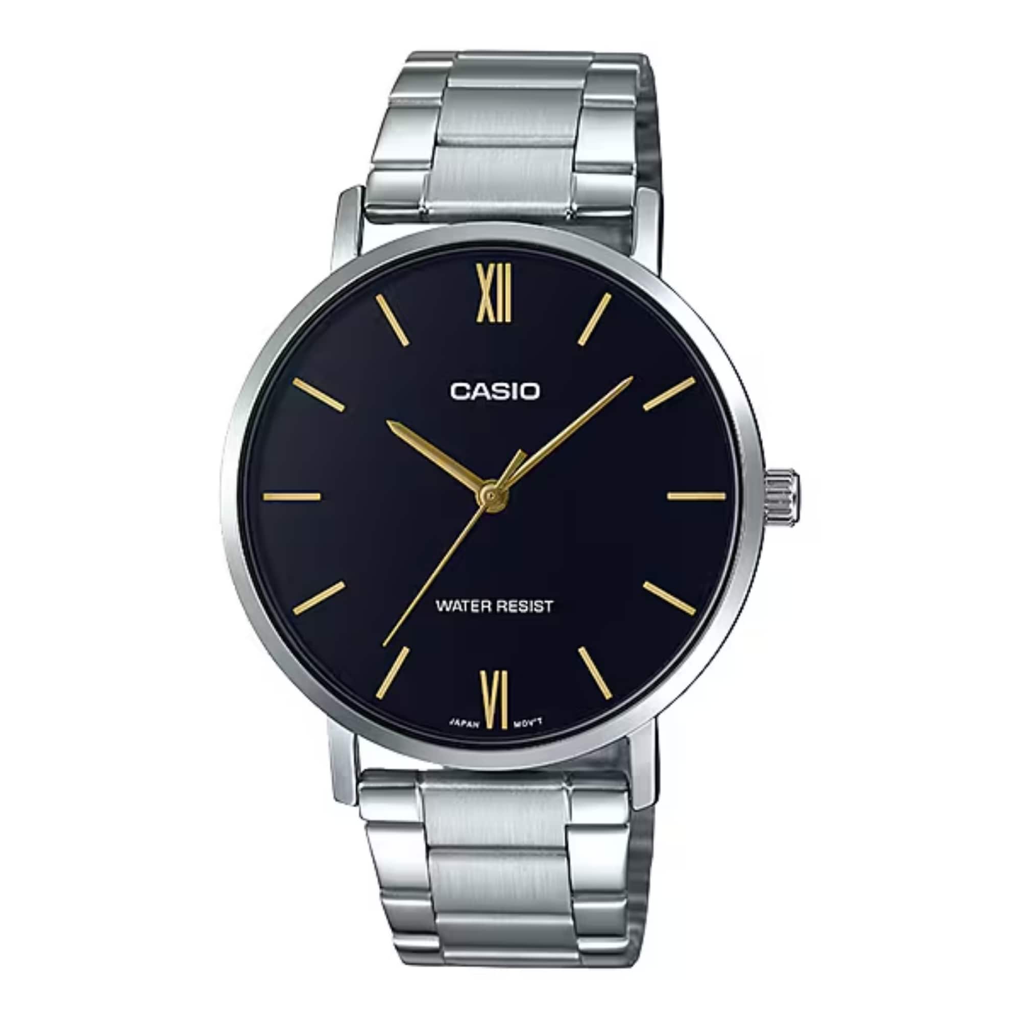 Casio - Men’s Black Dial Analog Watch with Gold Accents Steel Bracelet - MTP-VT01D-1BUDF - Silver