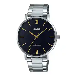 Casio - Men’s Black Dial Analog Watch with Gold Accents Steel Bracelet - MTP-VT01D-1BUDF - Silver