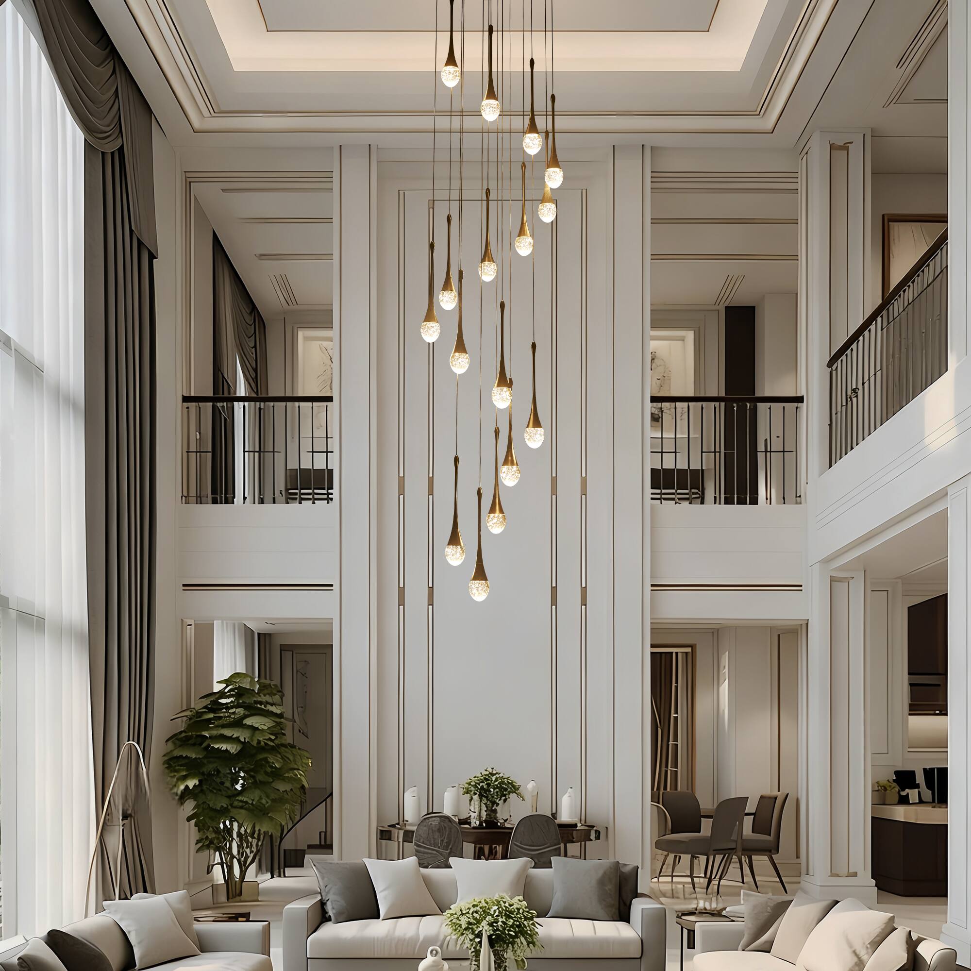 Angle. RYHNUYNE - 16-Light Black Large Modern Chandelier, Crystal Staircase Chandelier with Remote, Dimmable LED Raindrop Lighting Chandel - Black.