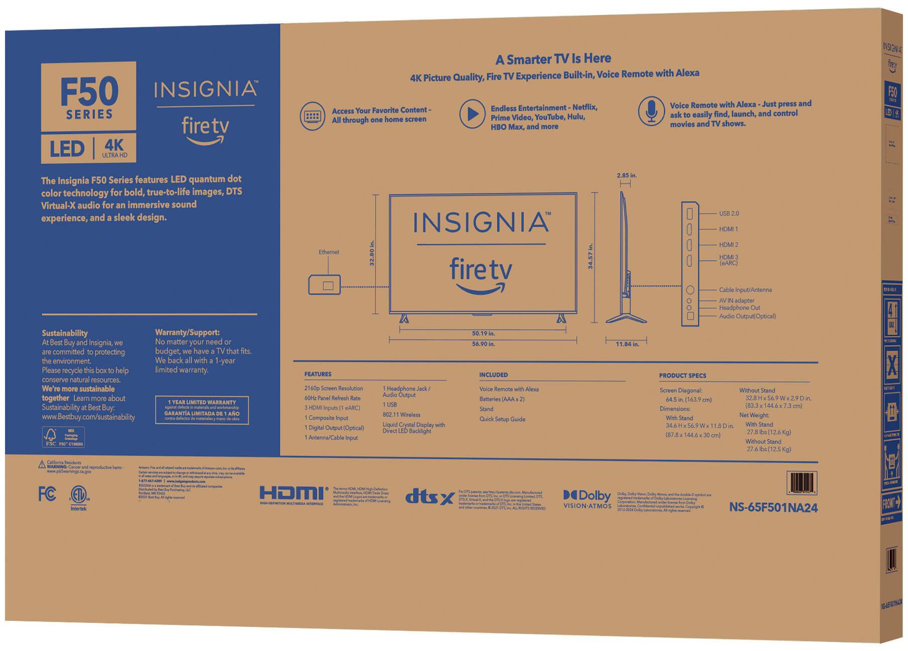 The Insignia F50 Series features LED quantum dot color technology for bold, true-to-life images, DTS Virtual-X audio for an immersive sound experience, and a sleek design. The F50 is a 4K Ultra HD smart TV with a built-in Fire TV experience, providing easy access to popular streaming services such as Netflix, Prime Video, YouTube, and Hulu. The TV also comes with a voice remote control that utilizes Alexa for added convenience. The Insignia F50 Series is available in a 32.80-inch size and has a 1-year limited warranty. The box is made of recycled materials, and Best Buy is committed to sustainability and protecting the environment.