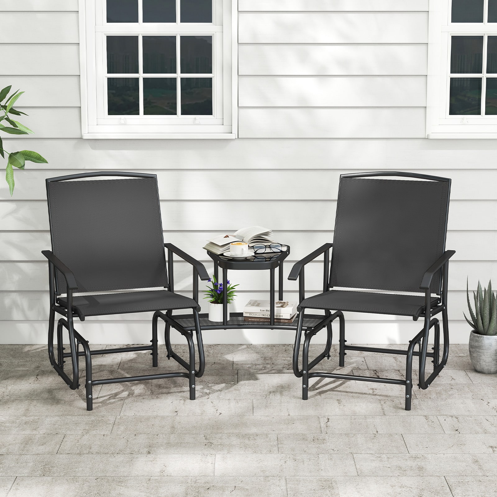 Costway - Outdoor Bistro Sets Double Swing Glider Chair Rocker Glass Table Umbrella Hole - Black price history on PriceWatchPro