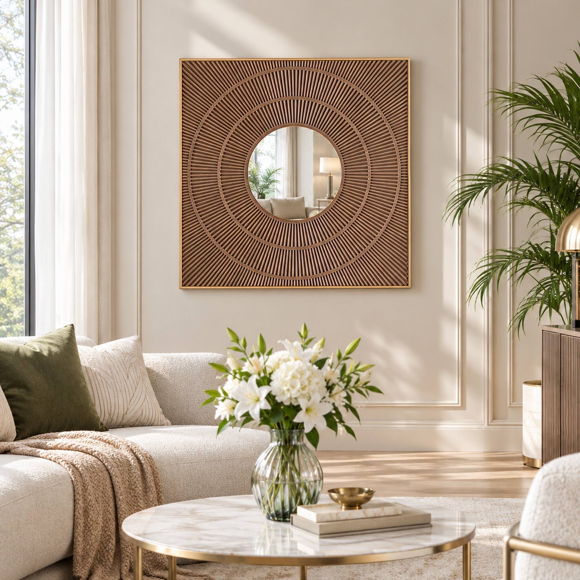 RYHNUYNE 40 in Square Carved Wall Mirror, Gold Iron Frame, Pleated Ring ...