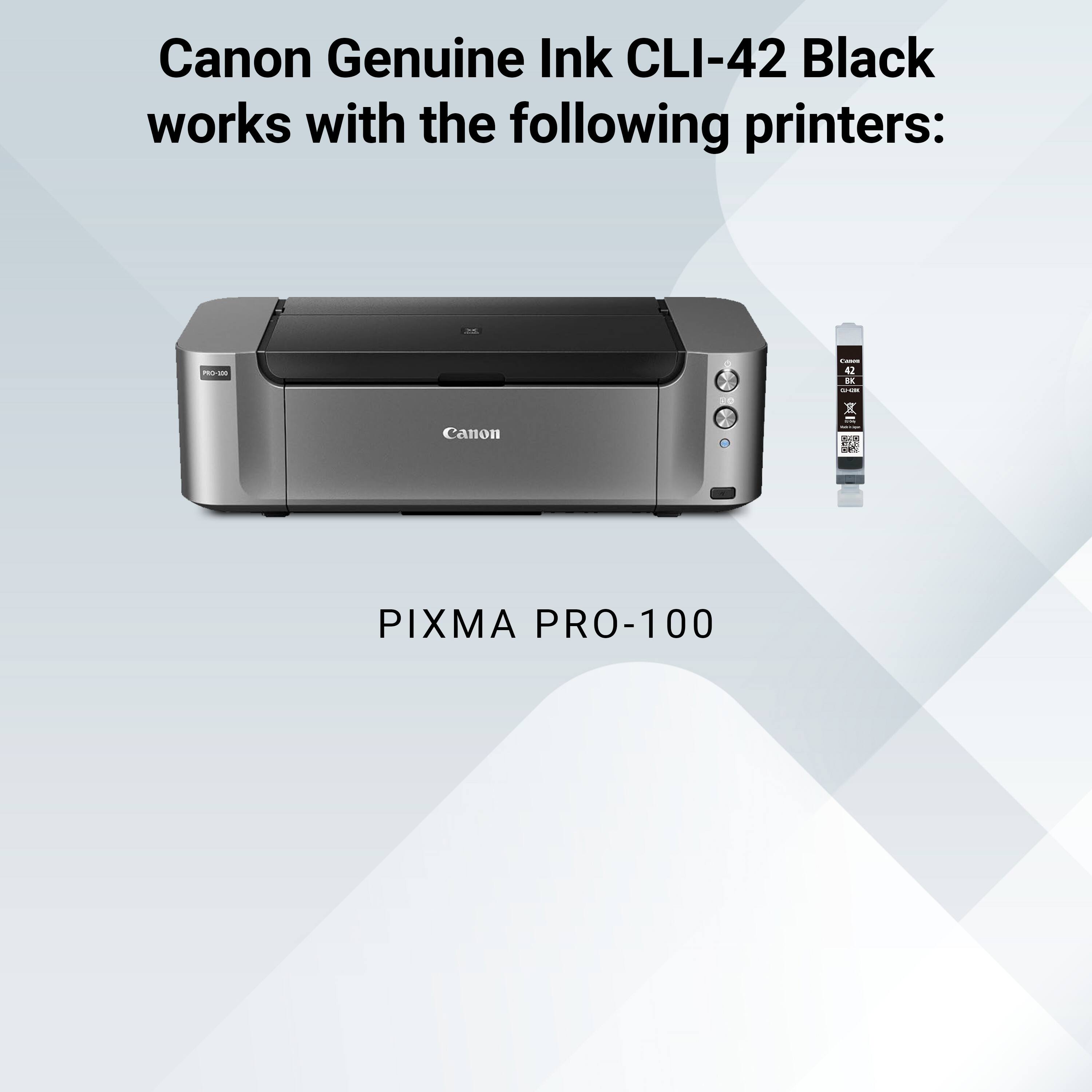 Canon Genuine Ink CLI-42 Black works with the following printers:

- PRO-100
- Canon 42 EX 126
- Canon IN
- PIXMA PRO-100