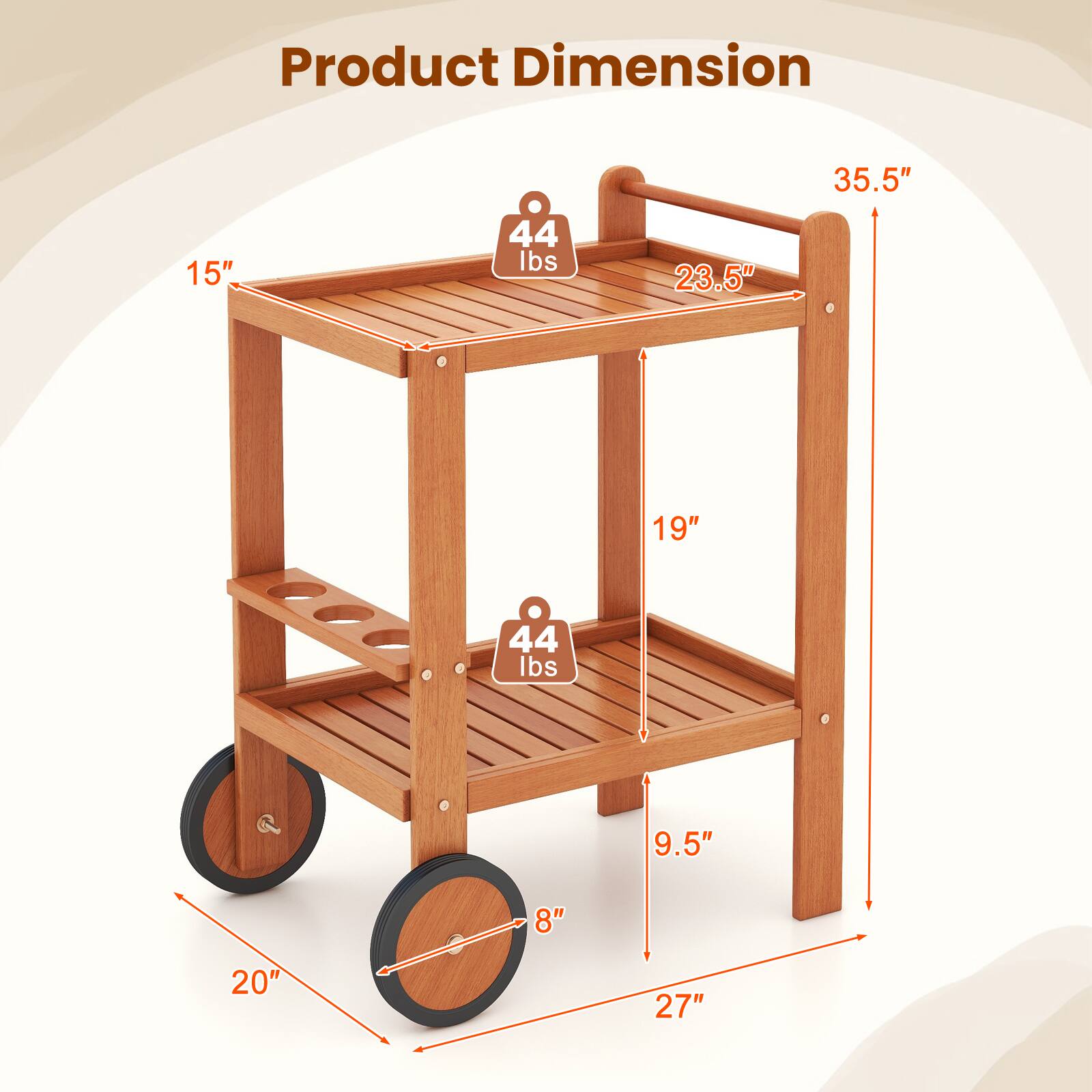 Product Dimension  
15" x 23.5" x 35.5"  
19" x 9.5" x 27"  
44 lbs  
44 lbs