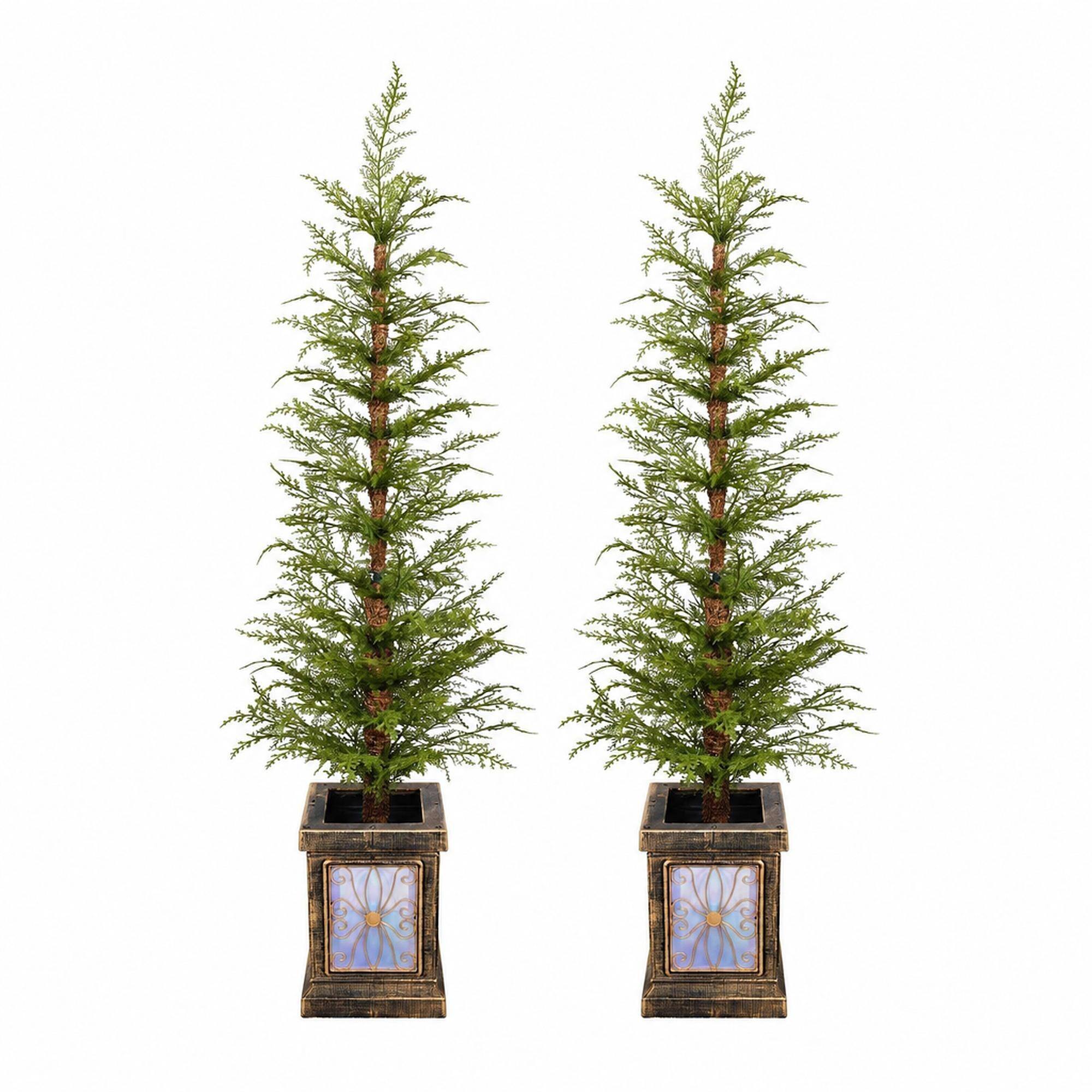 Front. RYHNUYNE - 4FT Pre-Lit Artificial Christmas Tree 2-Piece, Premium PE Material Easy Assembly Potted Stand Holiday Decor - Green.